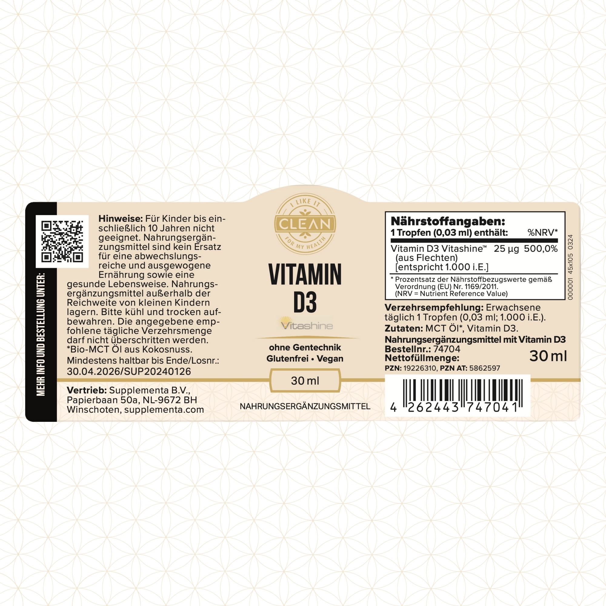 Produktfoto: Das Bild zeigt eine Flasche Vitamin D3 Nahrungsergänzungsmittel mit einer Pipette. Die Flasche ist dunkel und hat ein Etikett mit der Aufschrift 'Vitamin D3', 'ohne Gentechnik', 'Glutenfrei', 'Vegan' und '30 ml'. Die Pipette liegt neben der Flasche.