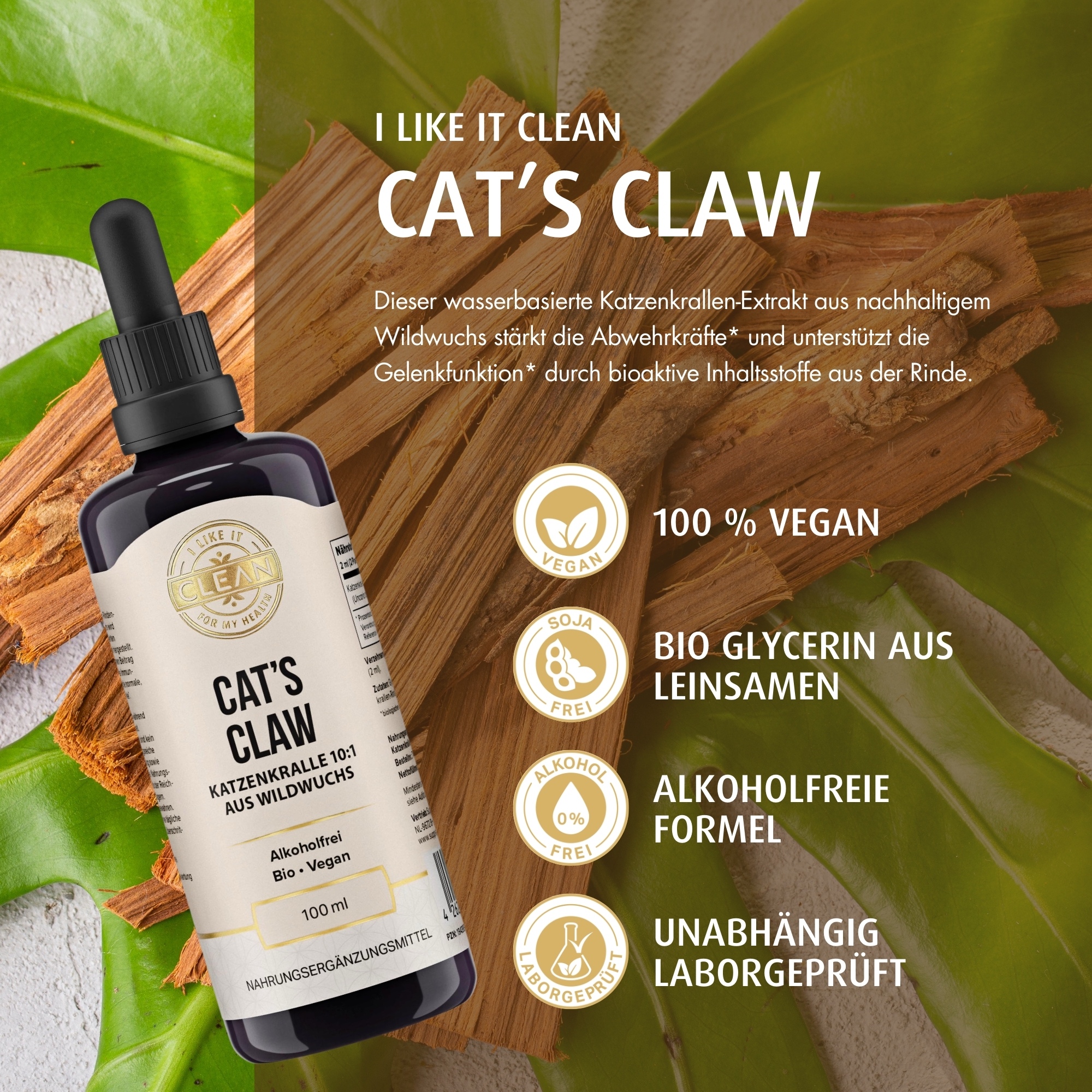 Produktfoto: Das Bild zeigt eine Flasche mit der Aufschrift 'Cat's Claw Katzenkralle 10:1 aus Wildwuchs'. Die Flasche ist dunkel mit einem Etikett, das Informationen über das Produkt enthält, einschließlich 'Alkoholfrei', 'Bio', 'Vegan' und '100 ml'. Um die Flasche herum sind Symbole und Texte, die die Vorteile des Produkts beschreiben, wie 'Wildwuchs-Qualität aus Regenwäldern', 'Alkoholfreier Extrakt (wasserbasiert)', 'Ausschließlich Rindenextrakt für maximale Bioaktivität', 'Immunsystem', 'Gelenkfunktion' und 'Traditionelle Heilpflanze des Amazonas'. Der Hintergrund ist weich und neutral, um den Fokus auf die Flasche zu legen.