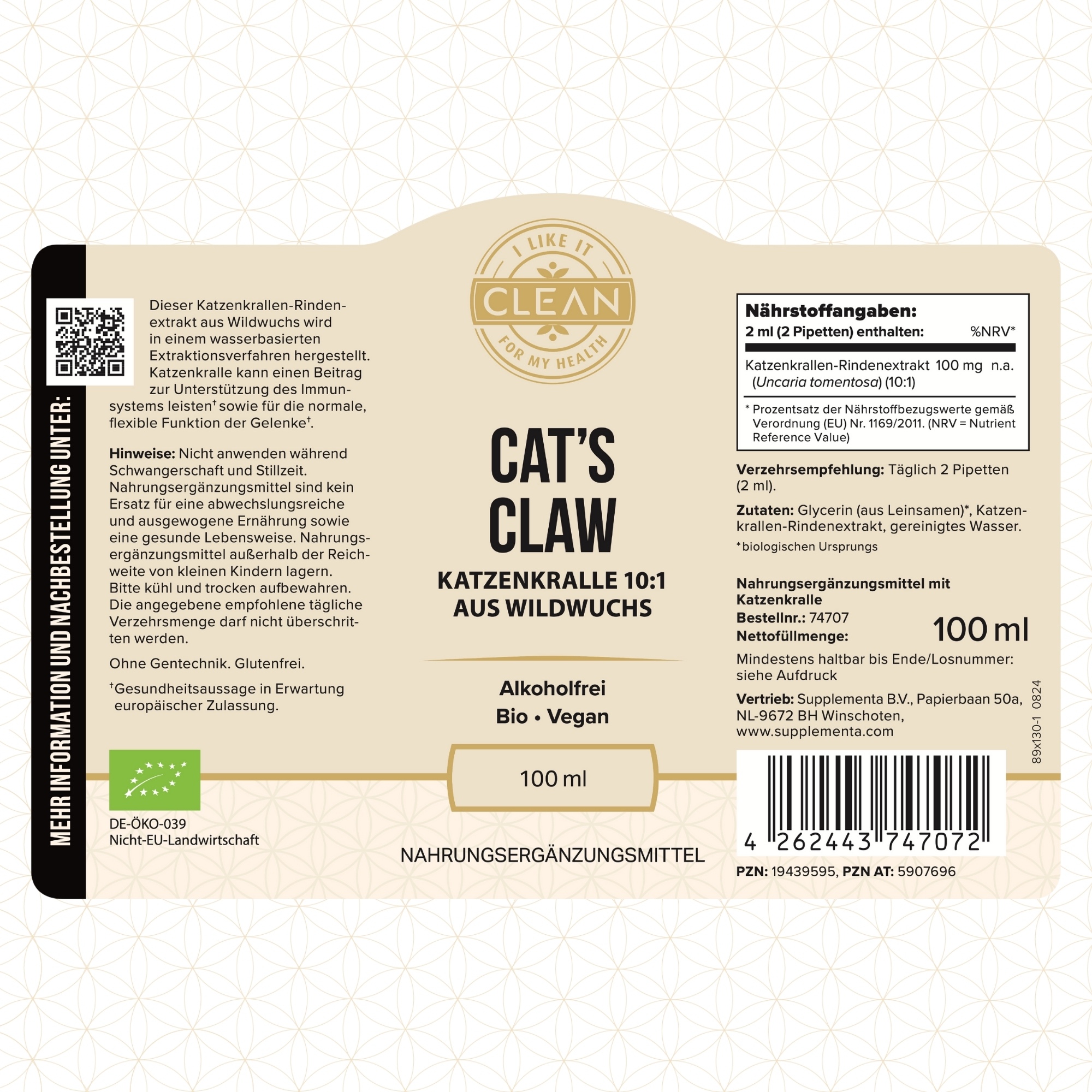 Produktfoto: Das Bild zeigt eine Flasche mit der Aufschrift 'Cat's Claw Katzenkralle 10:1 aus Wildwuchs'. Die Flasche ist dunkel mit einem Etikett, das Informationen über das Produkt enthält, einschließlich 'Alkoholfrei', 'Bio', 'Vegan' und '100 ml'. Um die Flasche herum sind Symbole und Texte, die die Vorteile des Produkts beschreiben, wie 'Wildwuchs-Qualität aus Regenwäldern', 'Alkoholfreier Extrakt (wasserbasiert)', 'Ausschließlich Rindenextrakt für maximale Bioaktivität', 'Immunsystem', 'Gelenkfunktion' und 'Traditionelle Heilpflanze des Amazonas'. Der Hintergrund ist weich und neutral, um den Fokus auf die Flasche zu legen.
