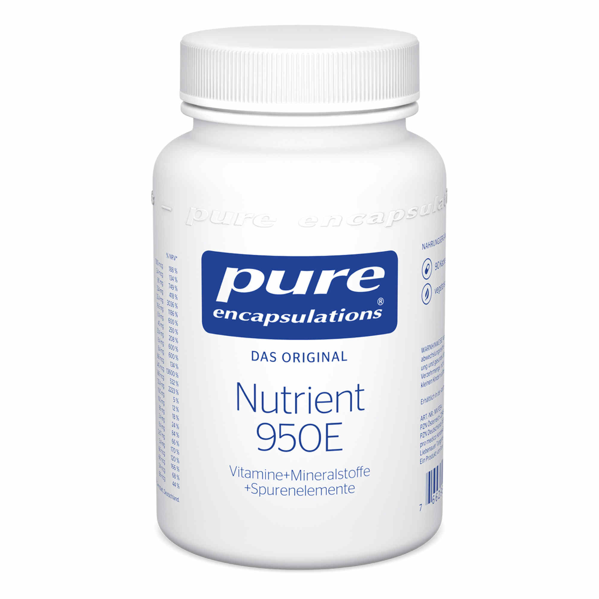 Produktfoto: Ein weißer Kunststoffbehälter mit Schraubverschluss. Auf dem Etikett steht 'pure encapsulations Nutrient 950E', darunter 'Vitamine + Mineralstoffe + Spurenelemente'. Das Etikett ist blau und weiß gestaltet.