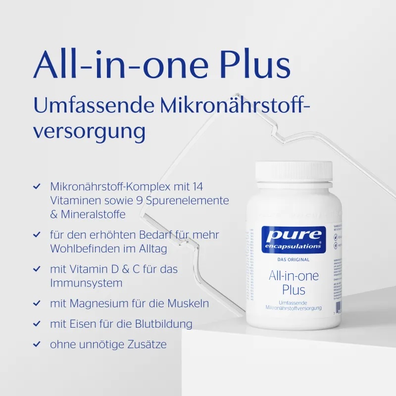Produktfoto: Ein weißer Kunststoffbehälter mit Schraubverschluss. Auf dem Etikett steht 'pure encapsulations Nutrient 950E', darunter 'Vitamine + Mineralstoffe + Spurenelemente'. Das Etikett ist blau und weiß gestaltet.