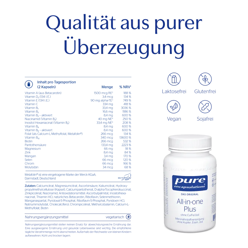 Produktfoto: Ein weißer Kunststoffbehälter mit Schraubverschluss. Auf dem Etikett steht 'pure encapsulations Nutrient 950E', darunter 'Vitamine + Mineralstoffe + Spurenelemente'. Das Etikett ist blau und weiß gestaltet.