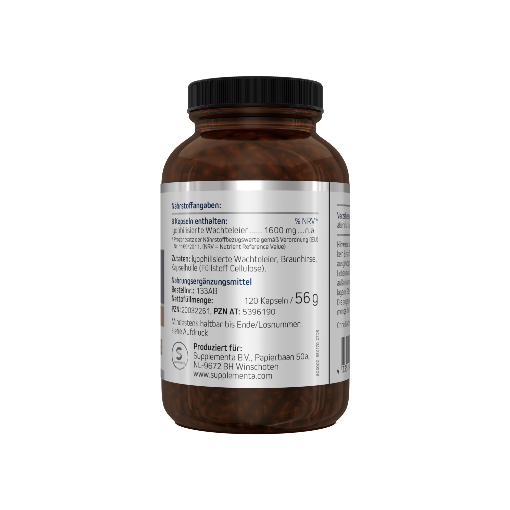 Produktfoto: Ein weißes Plastikgefäß mit einem Etikett, das “Wachtel Eier Lyophilisiert“ in orangefarbener Schrift zeigt. Darunter ist ein Bild von grünem Gras. Auf dem Etikett steht auch “120 Kapseln“ und “Nahrungsergänzungsmittel“. Das Gefäß hat einen weißen, verschließbaren Deckel.