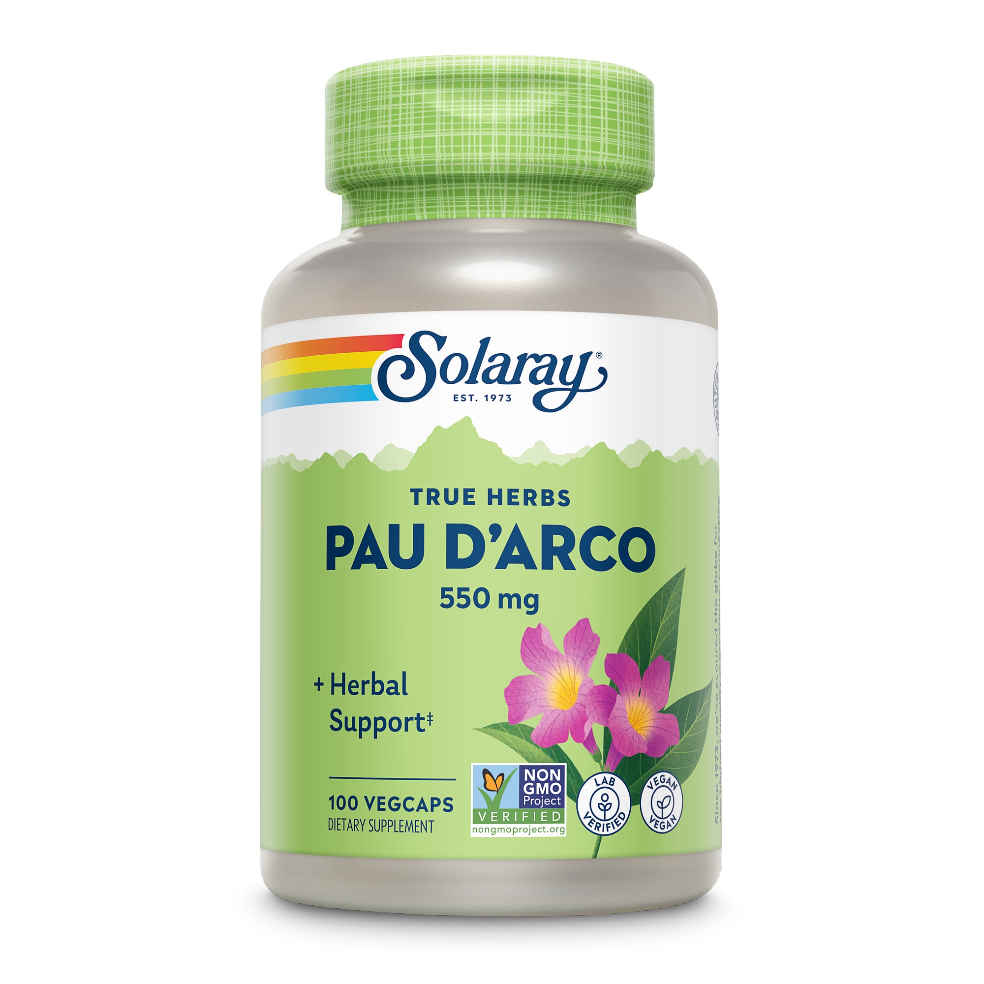 Produktfoto: Flasche Solaray True Herbs Pau D'Arco 550 mg, 100 Vegcaps, Nahrungsergänzungsmittel mit pflanzlicher Unterstützung, Non-GMO, vegan.