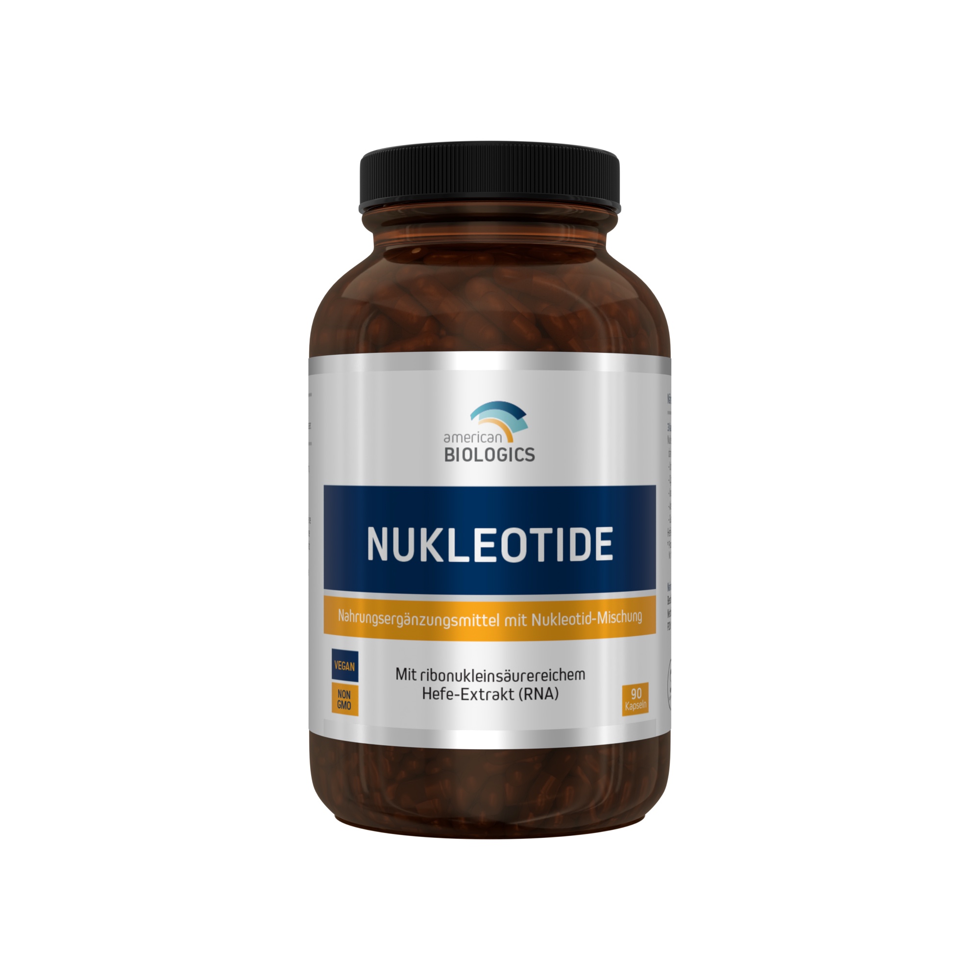 Produktfoto: Eine weiße Plastikflasche mit einem Etikett der Marke 'American Biologics'. Auf dem Etikett steht 'Nukleotide' und 'Nahrungsergänzungsmittel mit Nukleotid-Mischung'. Die Flasche enthält 90 Kapseln und ist als vegan und nicht gentechnisch verändert gekennzeichnet. Sie enthält ribonukleinsäurereiches Hefe-Extrakt (RNA).