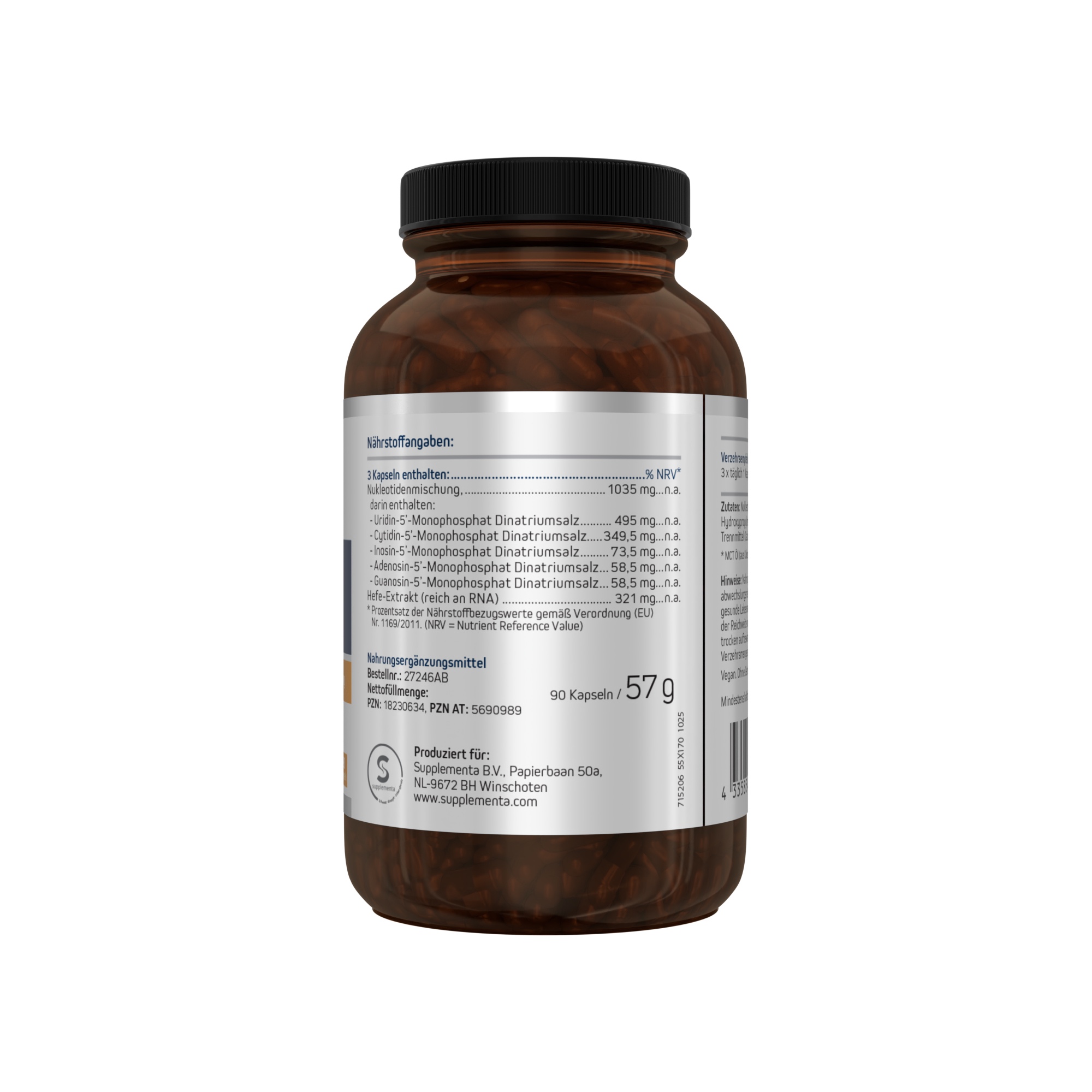 Produktfoto: Eine weiße Plastikflasche mit einem Etikett der Marke 'American Biologics'. Auf dem Etikett steht 'Nukleotide' und 'Nahrungsergänzungsmittel mit Nukleotid-Mischung'. Die Flasche enthält 90 Kapseln und ist als vegan und nicht gentechnisch verändert gekennzeichnet. Sie enthält ribonukleinsäurereiches Hefe-Extrakt (RNA).