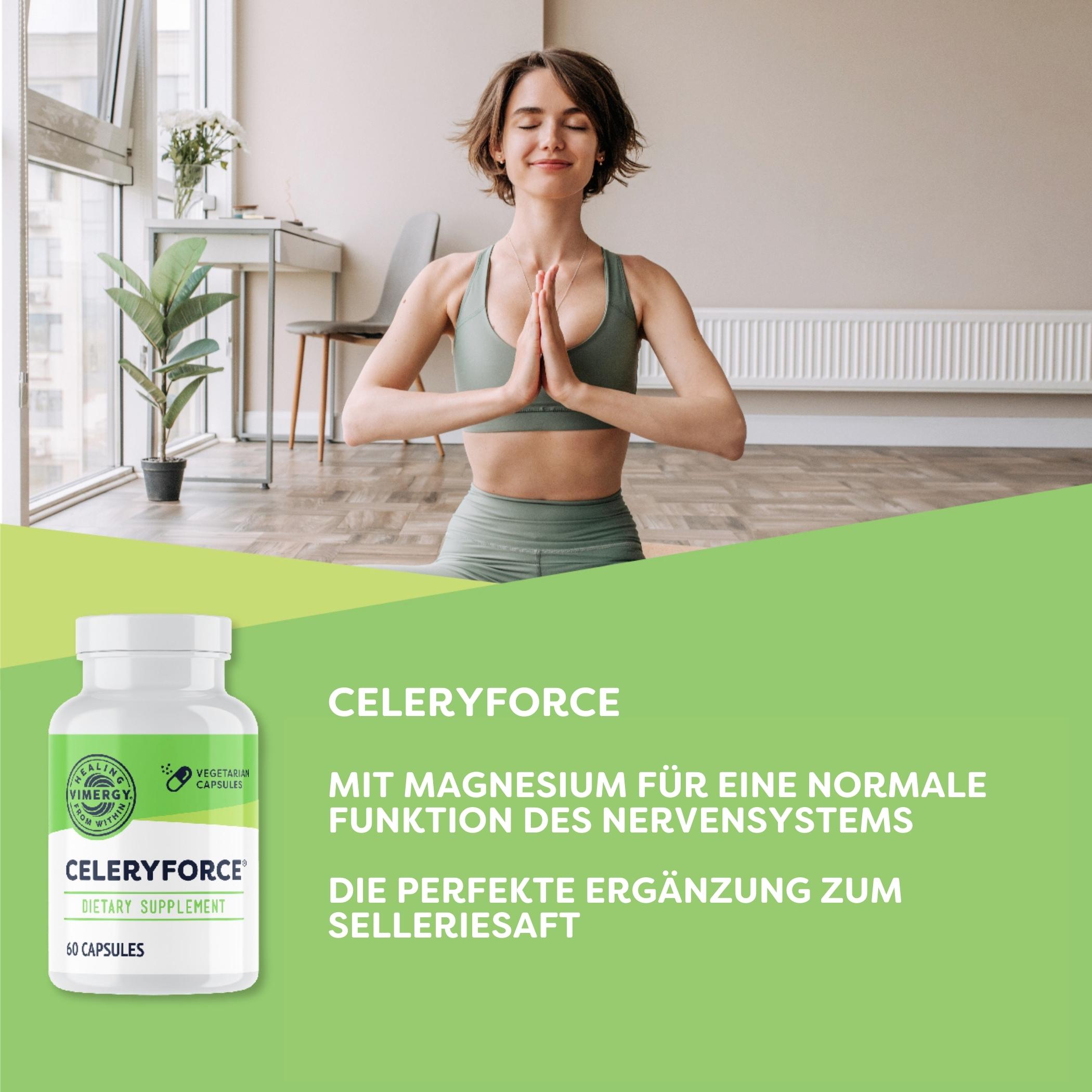 Produktfoto: Frau meditiert in Yoga-Pose in modernem Raum. Werbung für Nahrungsergänzungsmittel 'Celeryforce' mit Magnesium. Text beschreibt Vorteile.