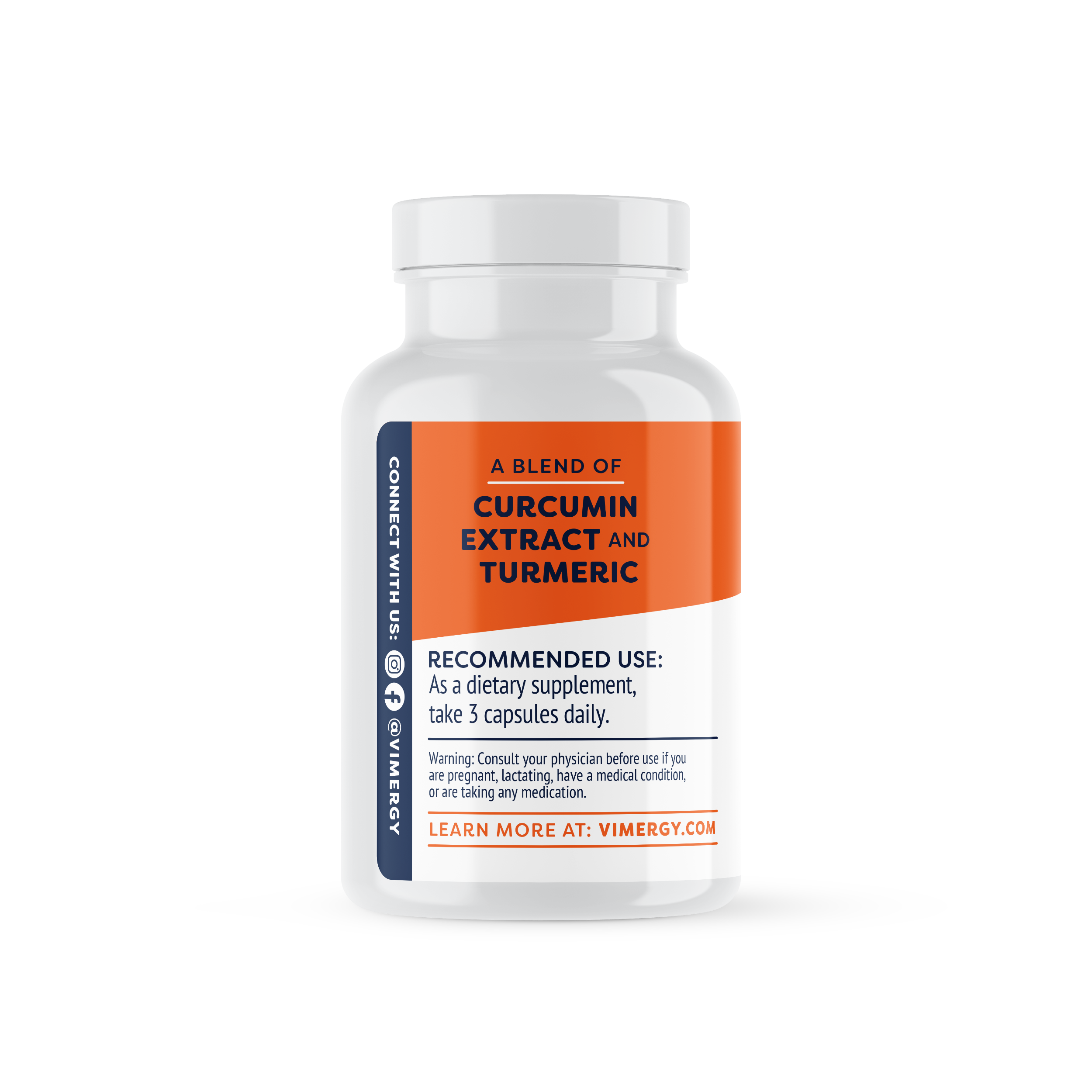 Produktfoto: Dose mit Curcumin-Kapseln, vegan, glutenfrei, ohne Gentechnik. Orange Kapseln, 3x täglich 1 Kapsel.
