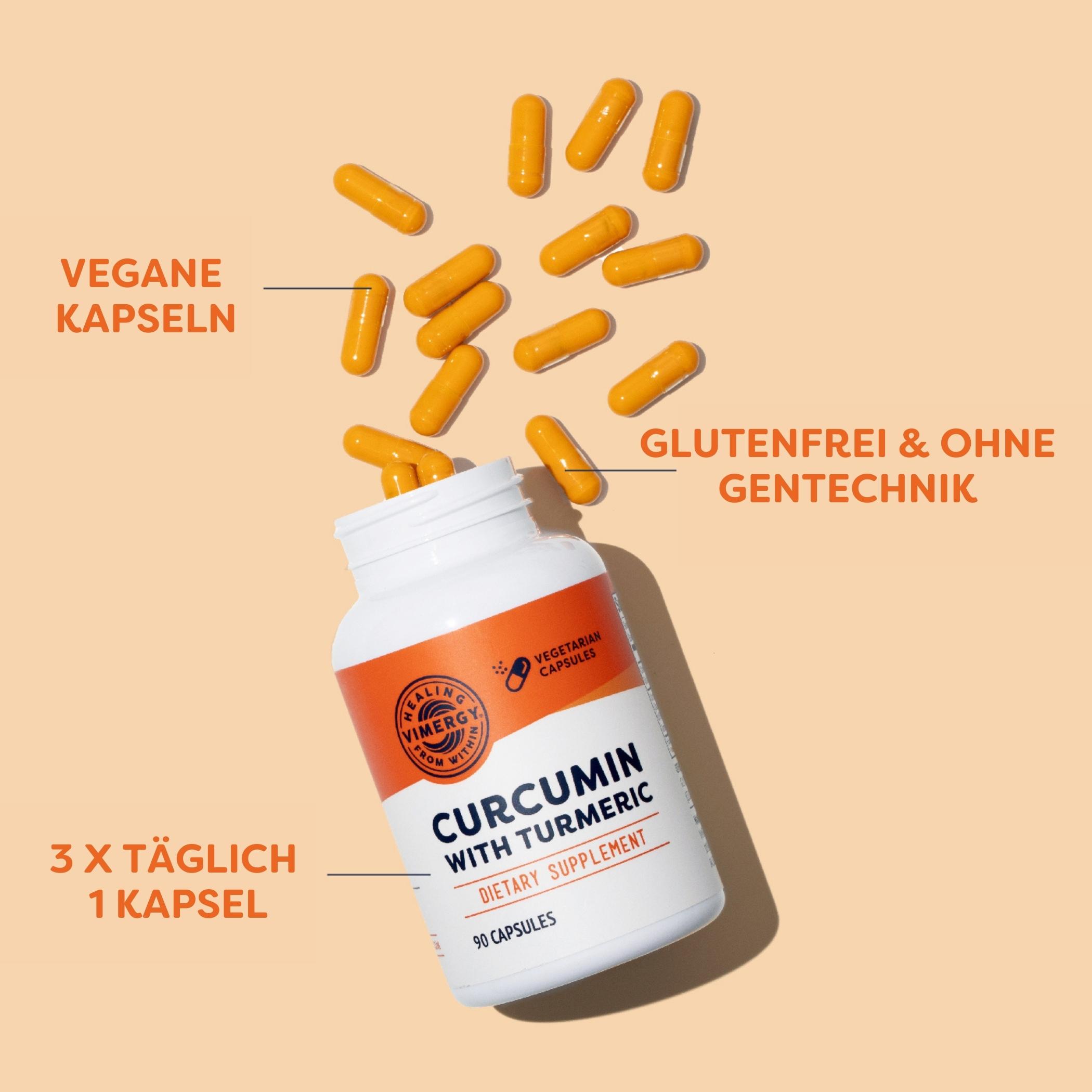 Produktfoto: Dose mit Curcumin-Kapseln, vegan, glutenfrei, ohne Gentechnik. Orange Kapseln, 3x täglich 1 Kapsel.