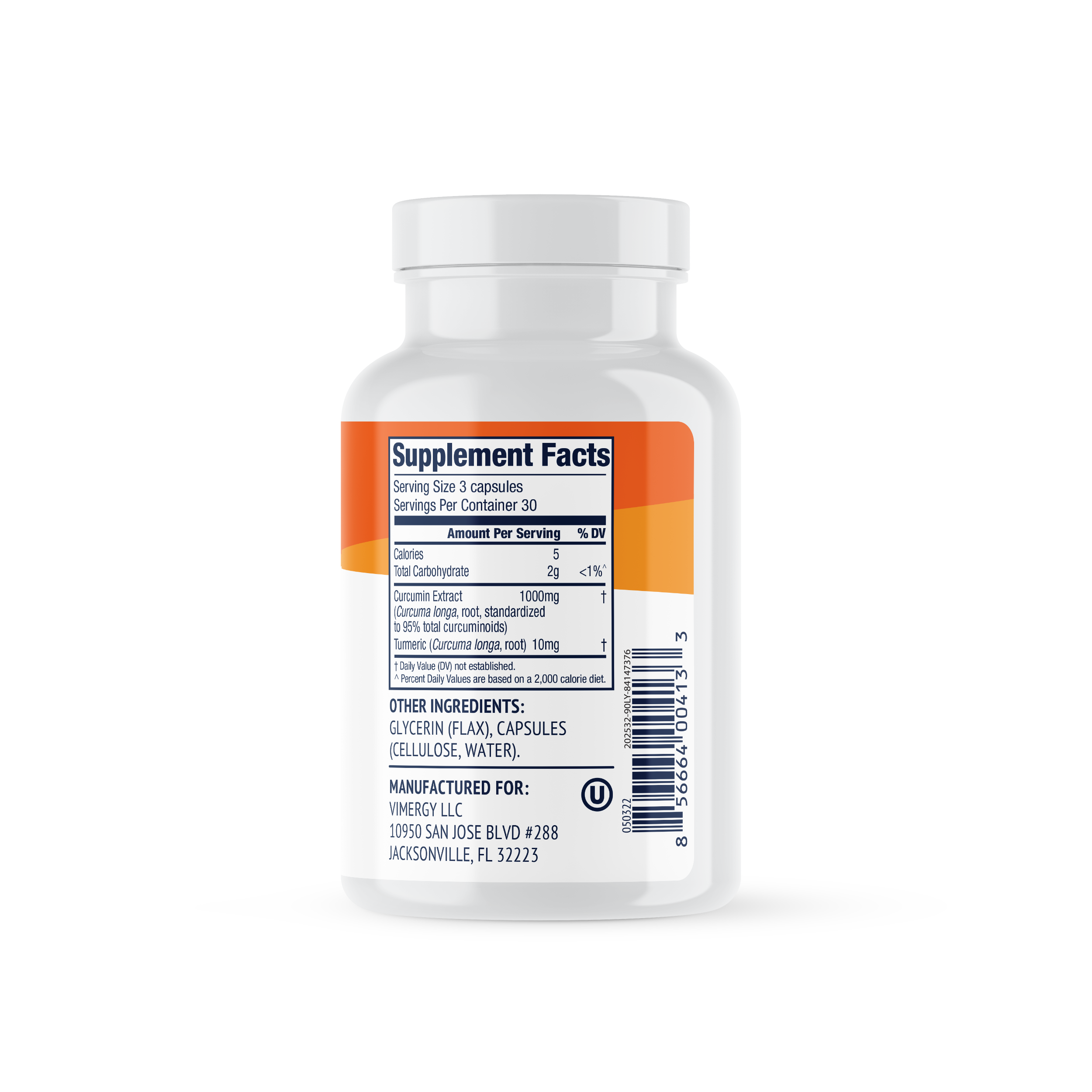 Produktfoto: Dose mit Curcumin-Kapseln, vegan, glutenfrei, ohne Gentechnik. Orange Kapseln, 3x täglich 1 Kapsel.