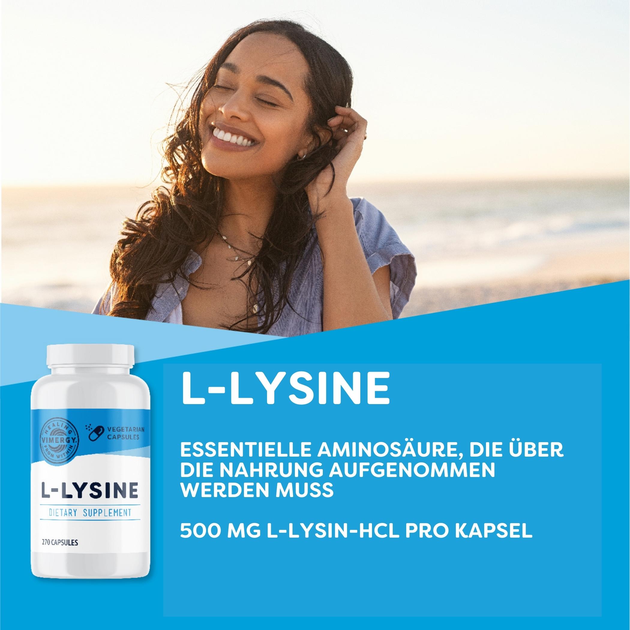 Produktfoto: Werbung für L-Lysin-Kapseln mit einer lächelnden Frau am Strand. Text beschreibt L-Lysin als essentielle Aminosäure, 500 mg pro Kapsel.