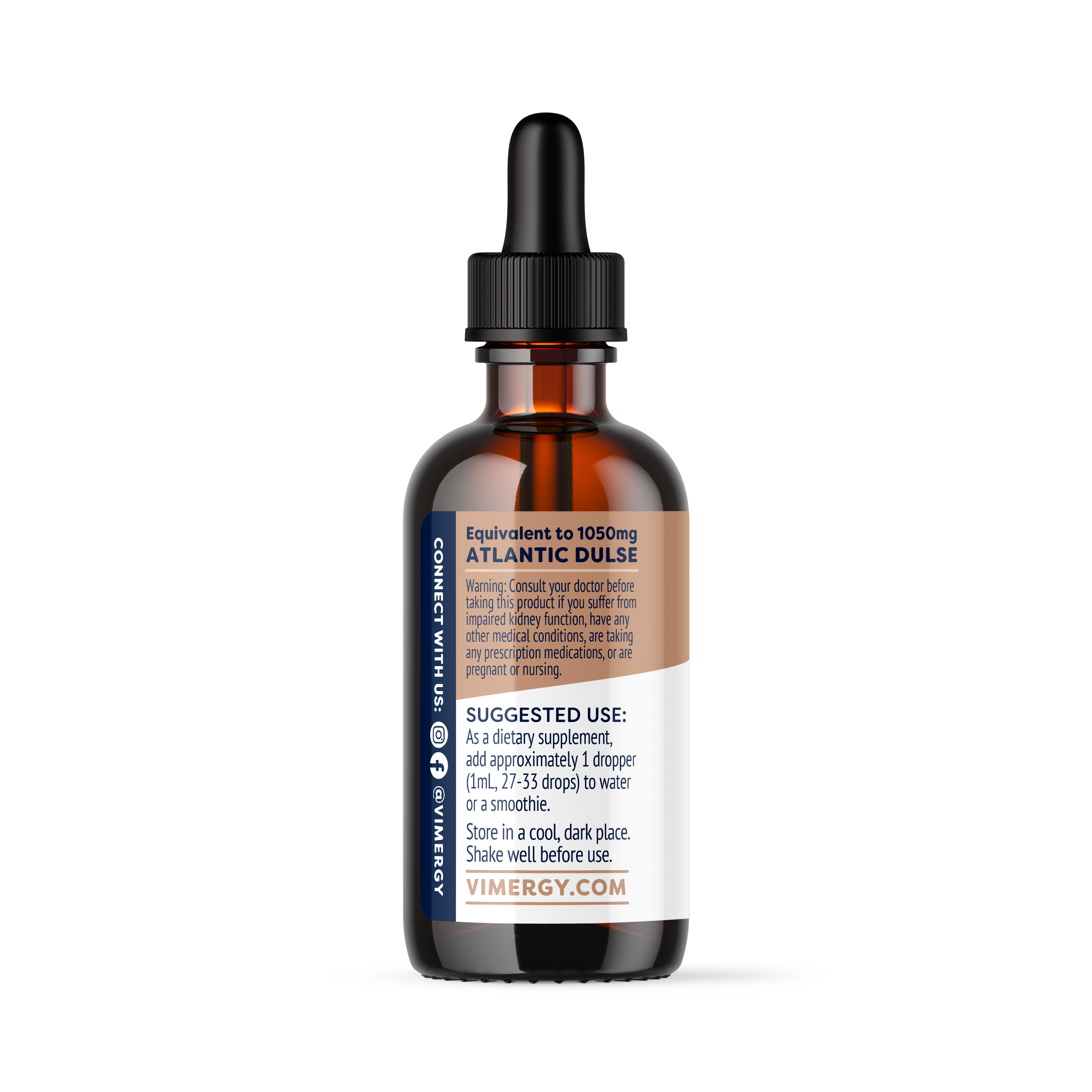 Produktfoto: Eine braune Glasflasche mit der Aufschrift 'Atlantic Dulse 6:1 Extract' steht aufrecht. Daneben liegt eine Pipette mit brauner Flüssigkeit. Die Flasche trägt ein USDA Organic-Siegel und enthält 55 mL Nahrungsergänzungsmittel.