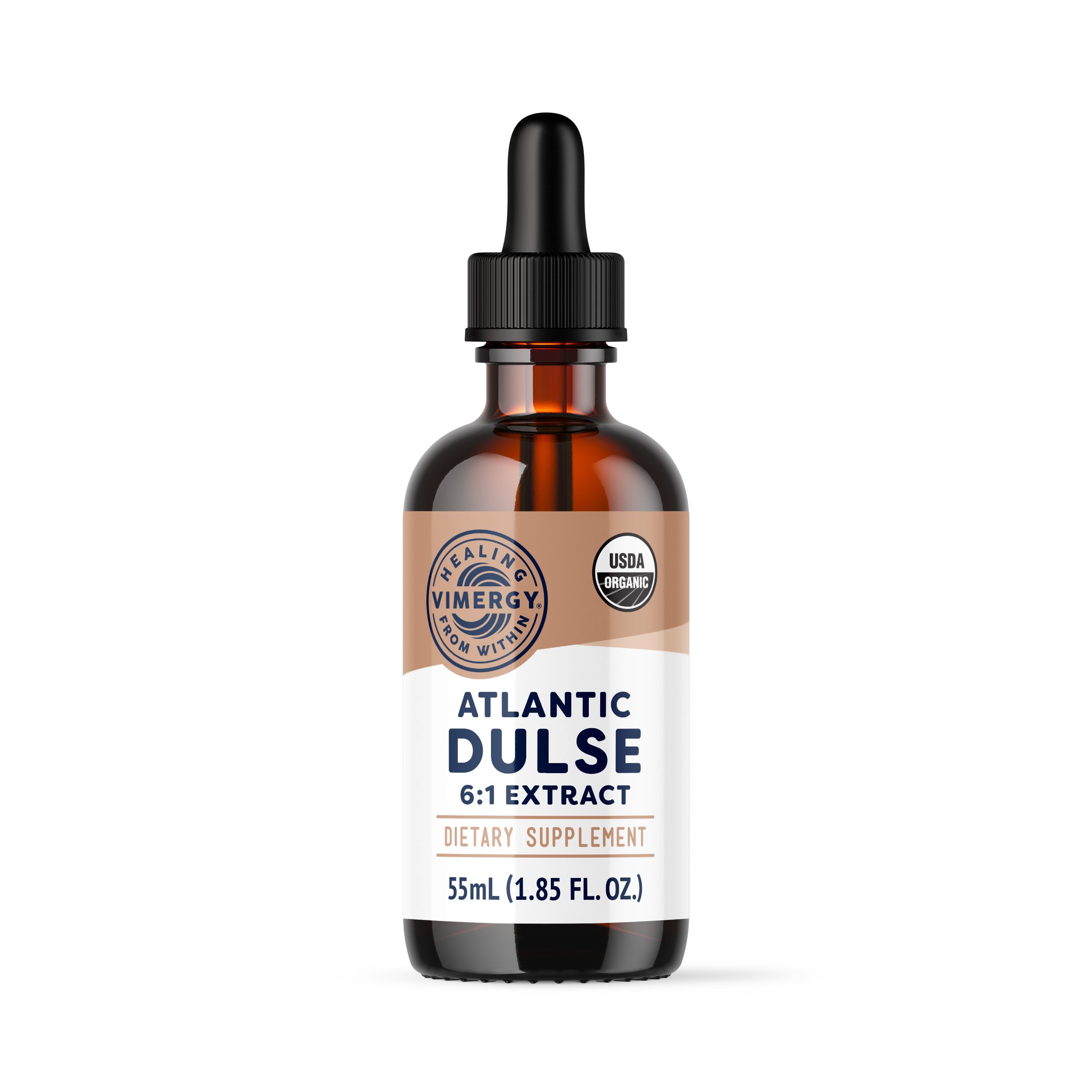 Produktfoto: Eine braune Glasflasche mit der Aufschrift 'Atlantic Dulse 6:1 Extract' steht aufrecht. Daneben liegt eine Pipette mit brauner Flüssigkeit. Die Flasche trägt ein USDA Organic-Siegel und enthält 55 mL Nahrungsergänzungsmittel.
