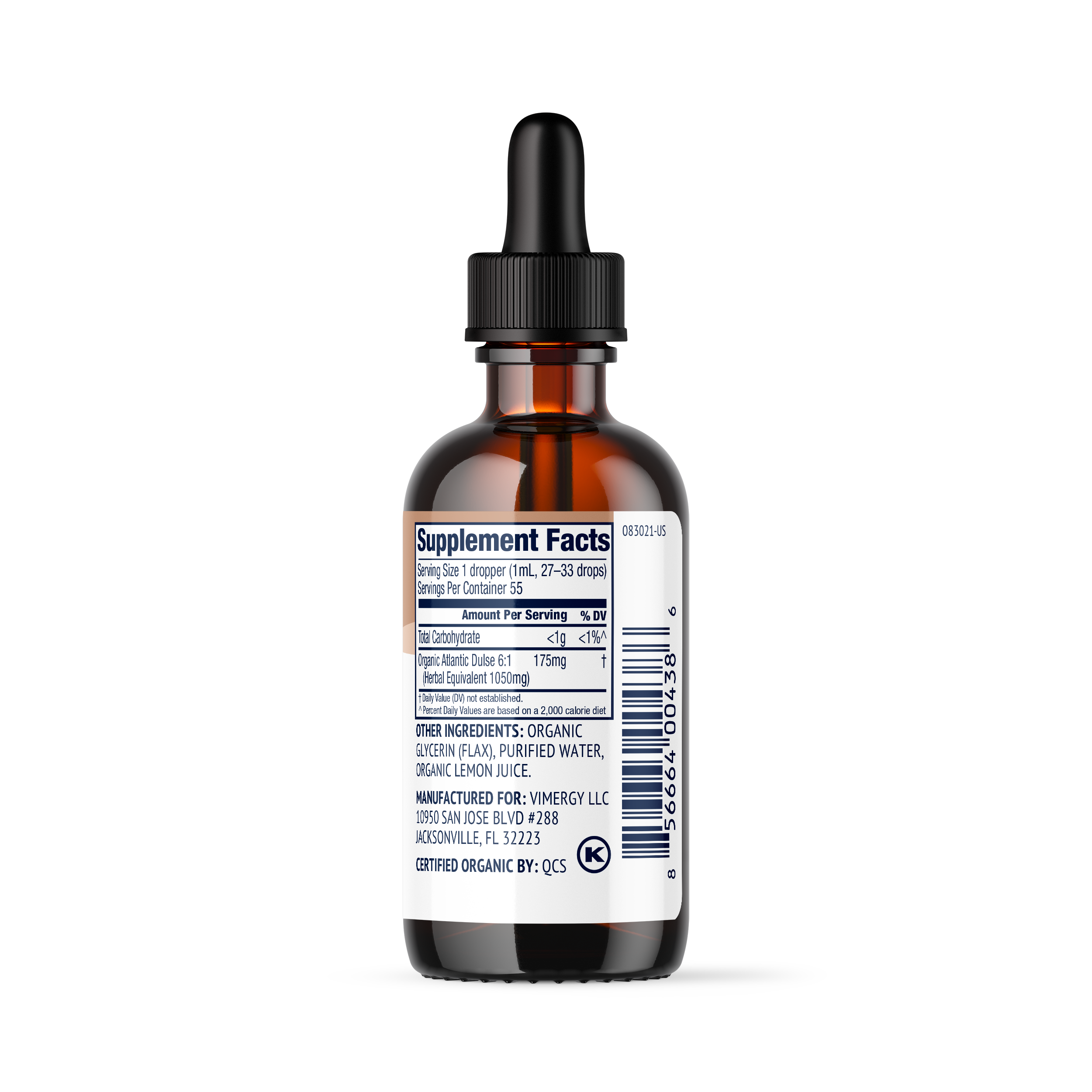 Produktfoto: Eine braune Glasflasche mit der Aufschrift 'Atlantic Dulse 6:1 Extract' steht aufrecht. Daneben liegt eine Pipette mit brauner Flüssigkeit. Die Flasche trägt ein USDA Organic-Siegel und enthält 55 mL Nahrungsergänzungsmittel.
