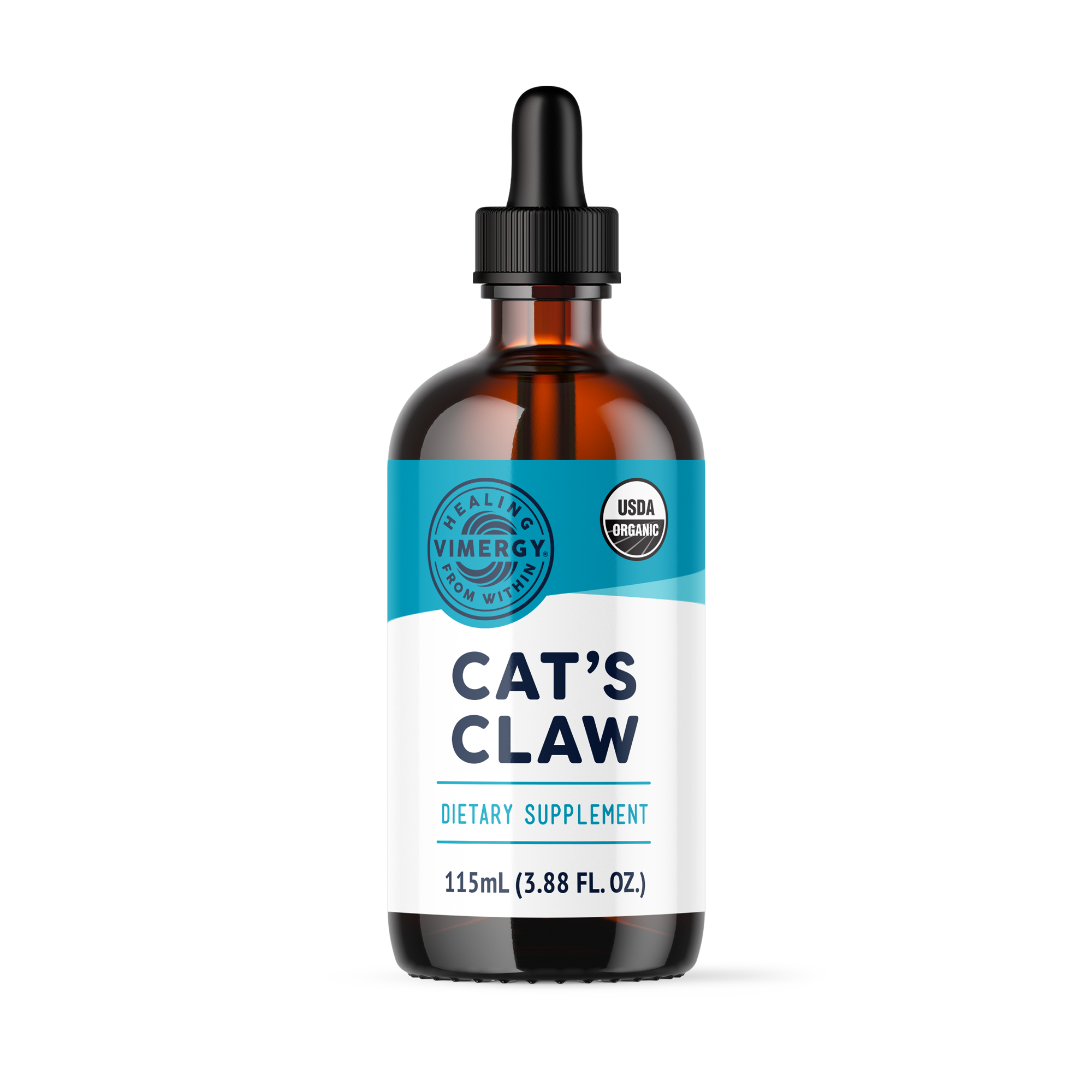Produktfoto: Eine braune Glasflasche mit einem blauen Etikett, auf dem 'Cat's Claw Dietary Supplement' steht, neben einer Pipette mit orangefarbener Flüssigkeit.