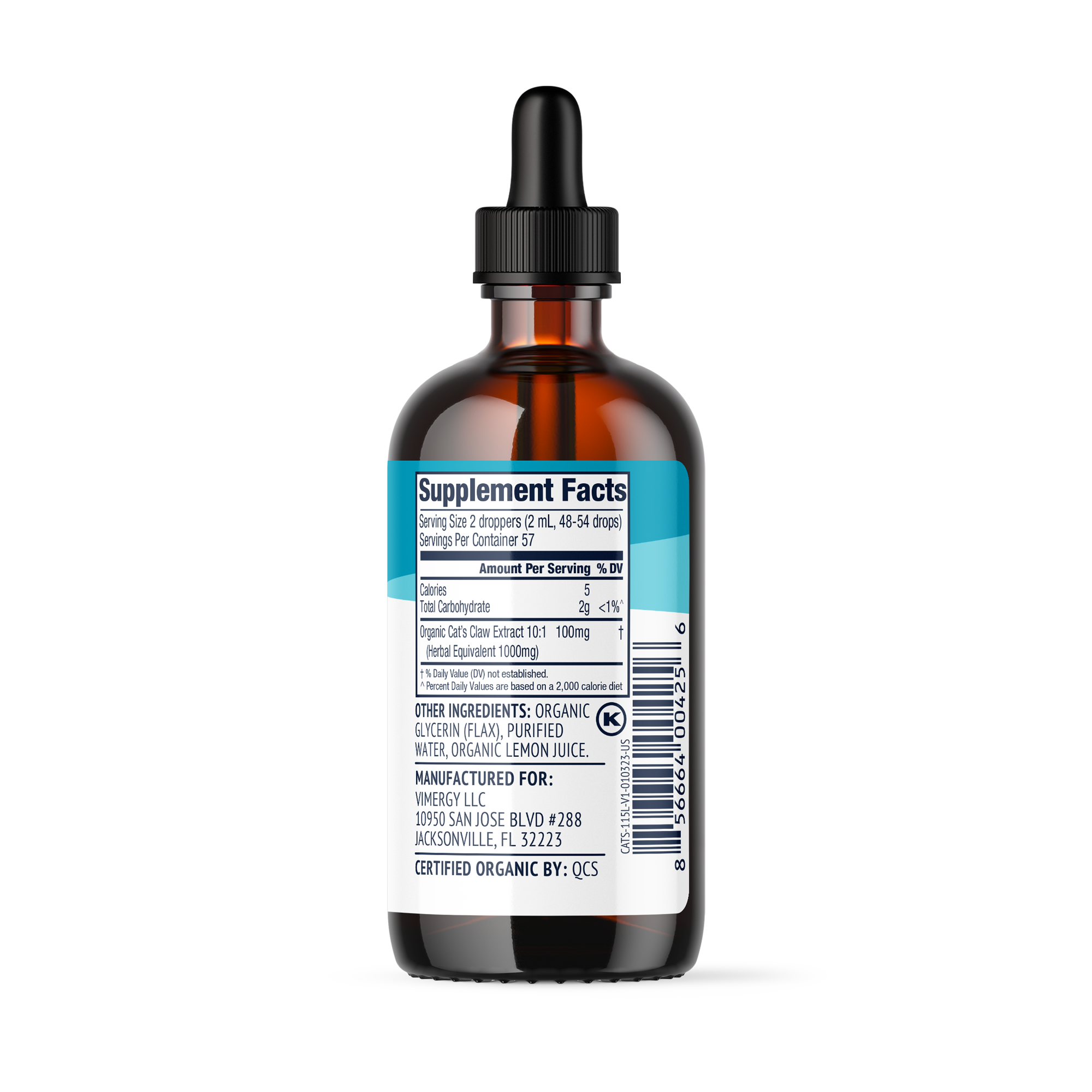 Produktfoto: Eine braune Glasflasche mit einem blauen Etikett, auf dem 'Cat's Claw Dietary Supplement' steht, neben einer Pipette mit orangefarbener Flüssigkeit.