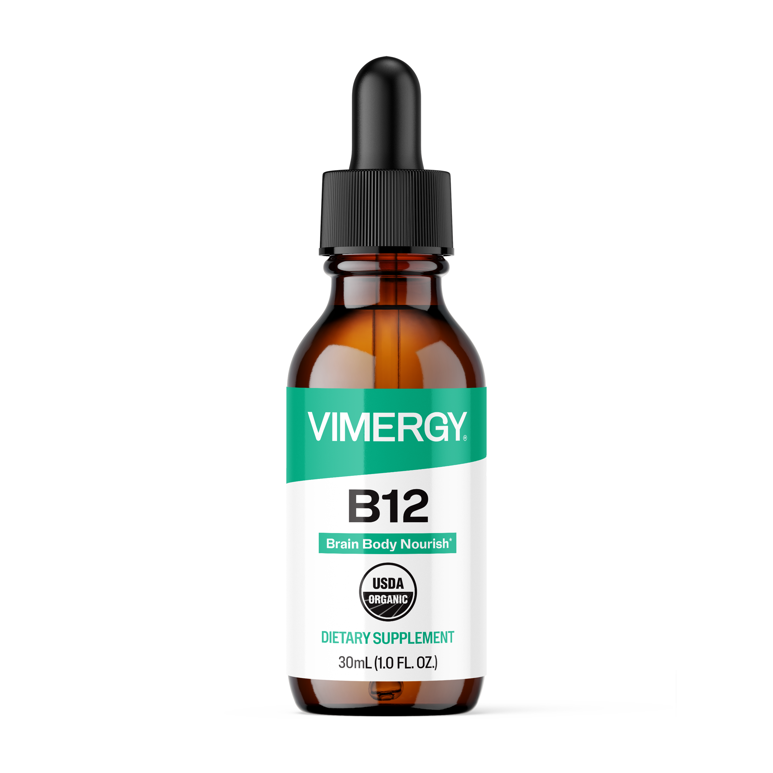 Produktfoto: Flasche mit Pipette, “Liquid B12“ Nahrungsergänzungsmittel, 30ml, USDA Bio-Siegel.