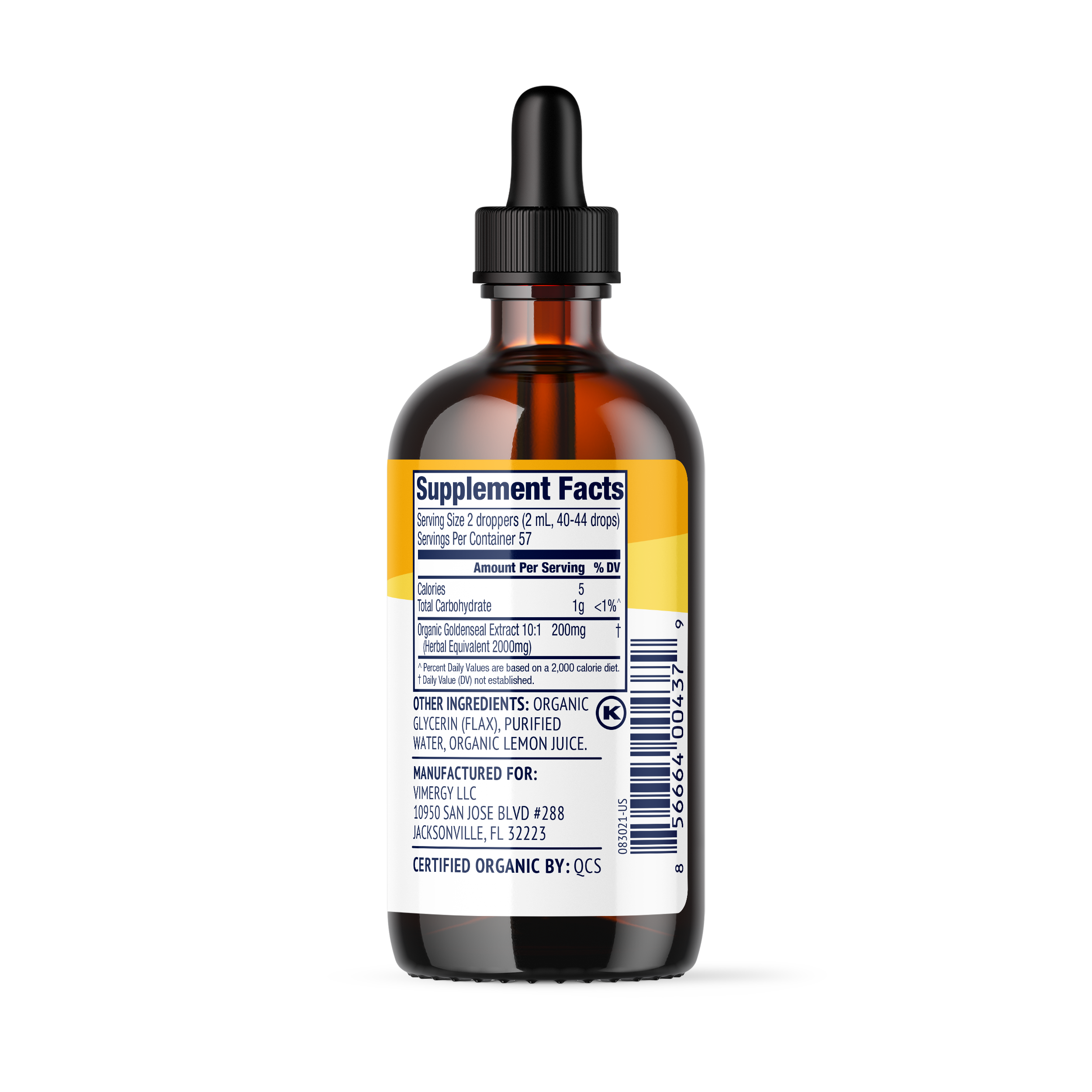 Produktfoto: Eine geöffnete Flasche mit der Aufschrift “Goldenseal Dietary Supplement“ steht neben einer Pipette. Die Flasche hat ein gelbes Etikett mit dem USDA Organic-Siegel. Der Hintergrund ist weiß.