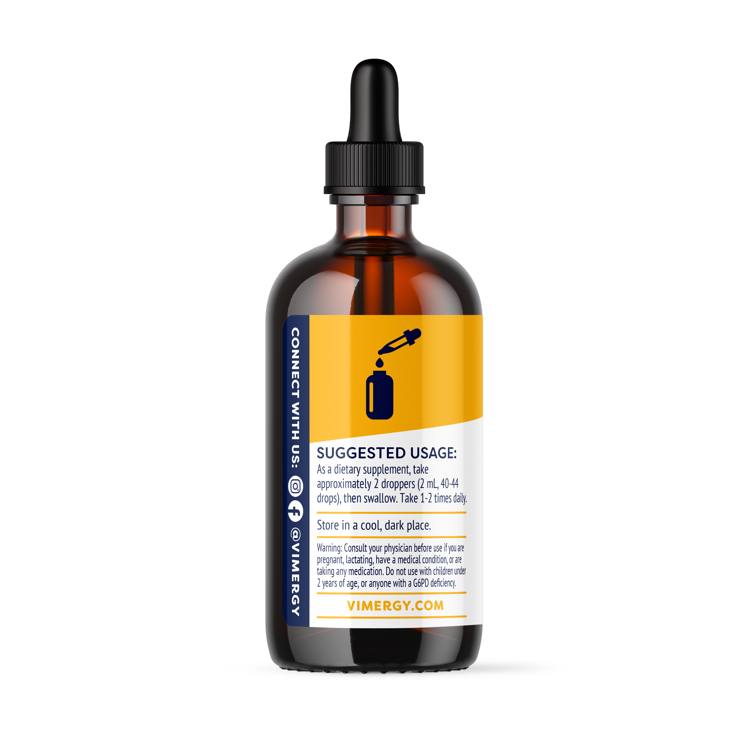 Produktfoto: Eine geöffnete Flasche mit der Aufschrift “Goldenseal Dietary Supplement“ steht neben einer Pipette. Die Flasche hat ein gelbes Etikett mit dem USDA Organic-Siegel. Der Hintergrund ist weiß.
