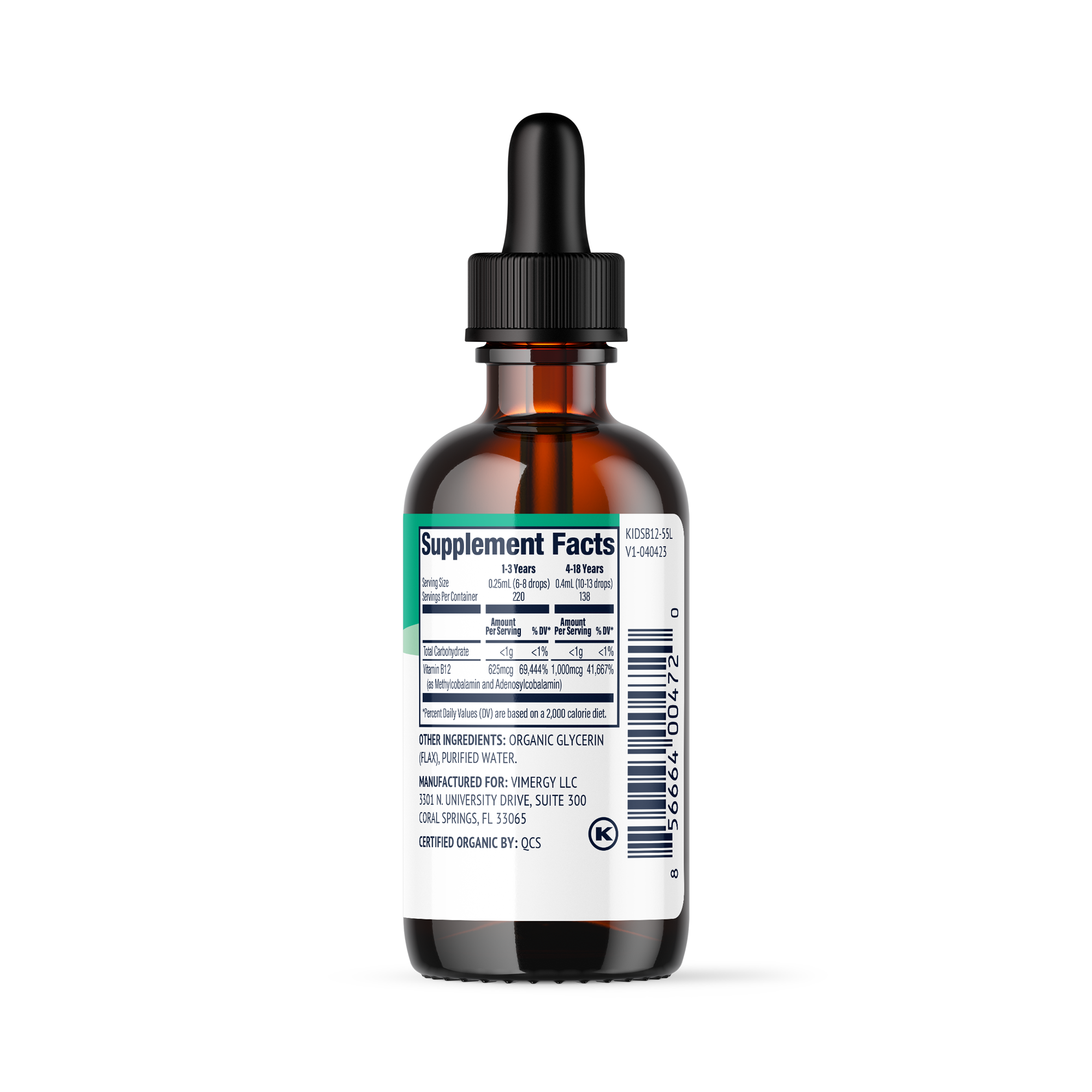 Produktfoto: Das Bild zeigt eine braune Glasflasche mit einer Pipette. Auf dem Etikett steht “Kids B12 Dietary Supplement“. Es gibt ein USDA Organic Siegel und das Logo “Healing Vimergy from Within“. Die Flasche hat ein Volumen von 55 ml (1.85 FL. OZ.).
