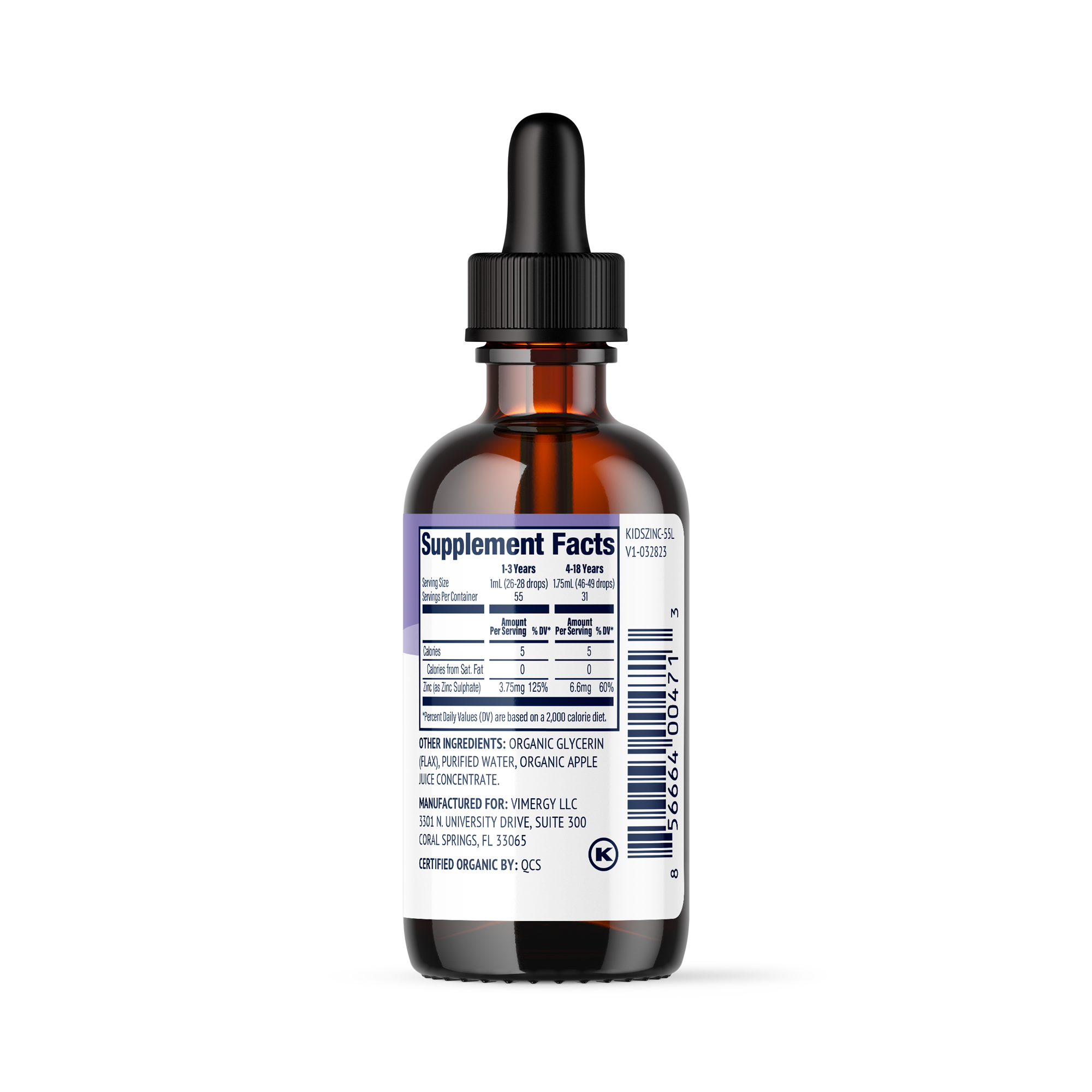 Produktfoto: Das Bild zeigt eine braune Glasflasche mit einem schwarzen Tropfverschluss. Auf dem Etikett steht “Kids Zinc Dietary Supplement“, 55 mL (1.85 FL. OZ.). Es gibt ein USDA Organic-Siegel und das Logo “Healing Vimergy From Within“.