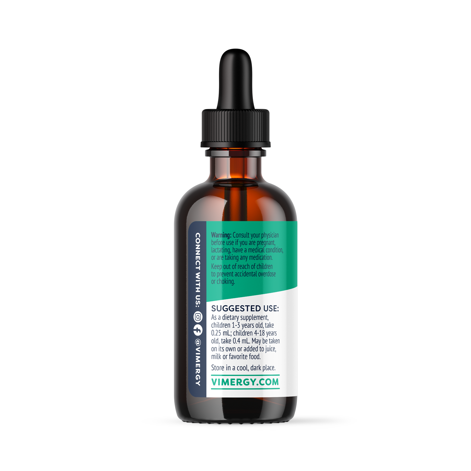 Produktfoto: Das Bild zeigt eine braune Glasflasche mit einer Pipette. Auf dem Etikett steht “Kids B12 Dietary Supplement“. Es gibt ein USDA Organic Siegel und das Logo “Healing Vimergy from Within“. Die Flasche hat ein Volumen von 55 ml (1.85 FL. OZ.).