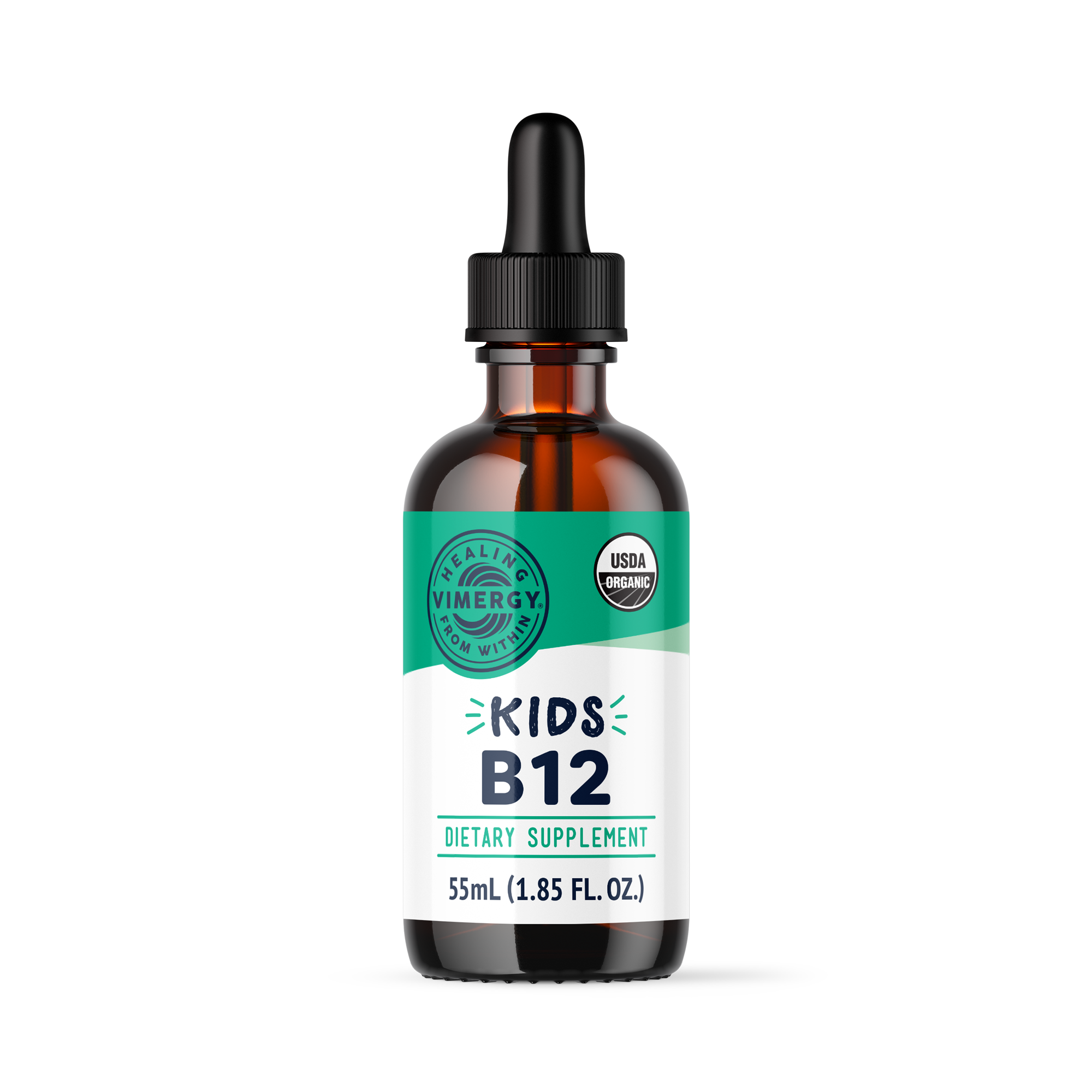 Produktfoto: Das Bild zeigt eine braune Glasflasche mit einer Pipette. Auf dem Etikett steht “Kids B12 Dietary Supplement“. Es gibt ein USDA Organic Siegel und das Logo “Healing Vimergy from Within“. Die Flasche hat ein Volumen von 55 ml (1.85 FL. OZ.).
