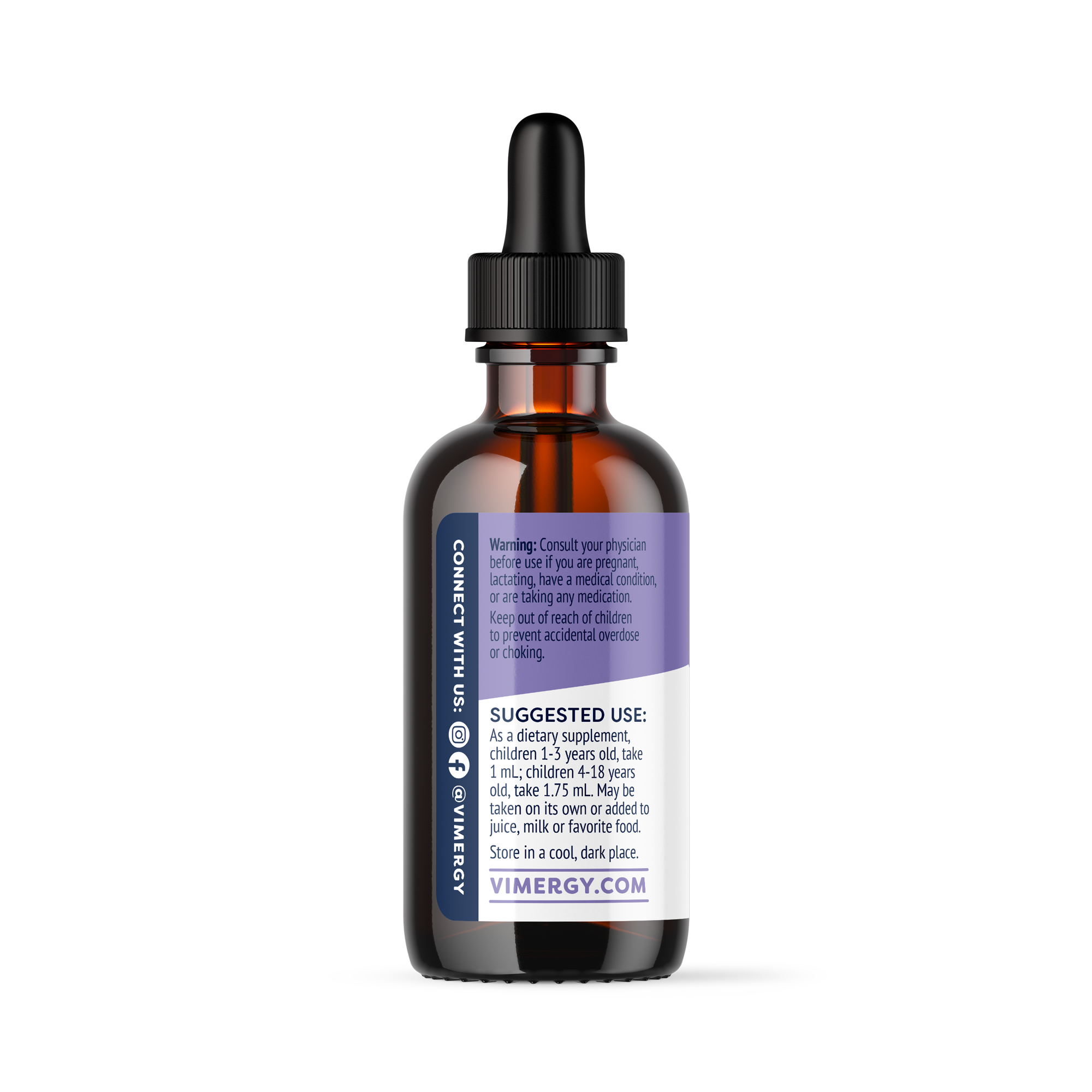 Produktfoto: Das Bild zeigt eine braune Glasflasche mit einem schwarzen Tropfverschluss. Auf dem Etikett steht “Kids Zinc Dietary Supplement“, 55 mL (1.85 FL. OZ.). Es gibt ein USDA Organic-Siegel und das Logo “Healing Vimergy From Within“.