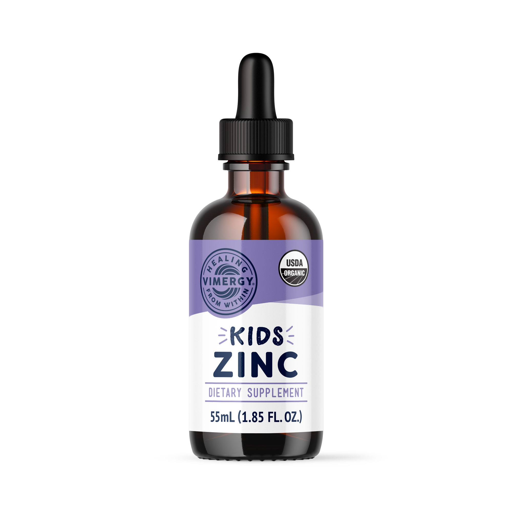 Produktfoto: Das Bild zeigt eine braune Glasflasche mit einem schwarzen Tropfverschluss. Auf dem Etikett steht “Kids Zinc Dietary Supplement“, 55 mL (1.85 FL. OZ.). Es gibt ein USDA Organic-Siegel und das Logo “Healing Vimergy From Within“.