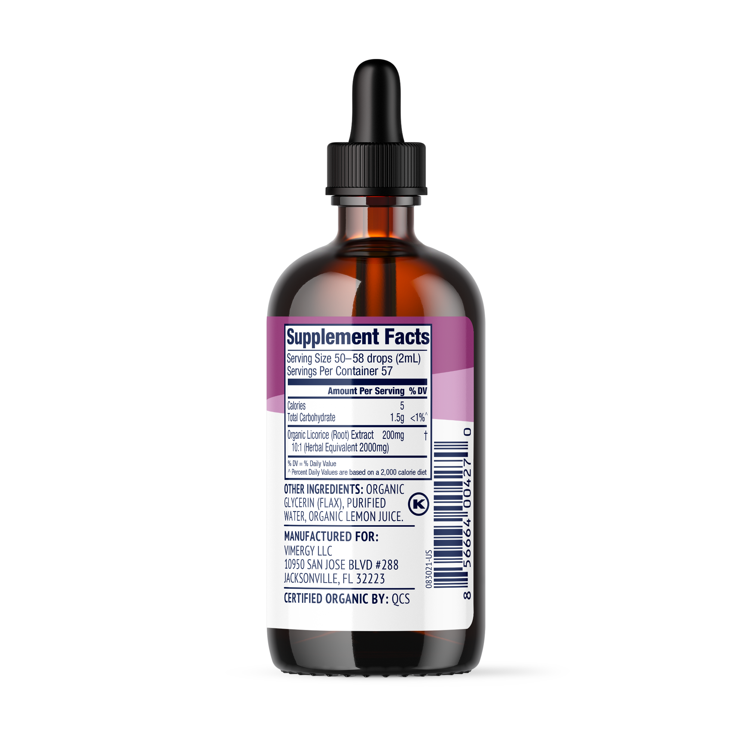 Produktfoto: Eine braune Glasflasche mit der Aufschrift “Licorice Dietary Supplement“ steht neben einer Pipette mit brauner Flüssigkeit. Das Etikett zeigt “USDA Organic“ und “Vimergy“.