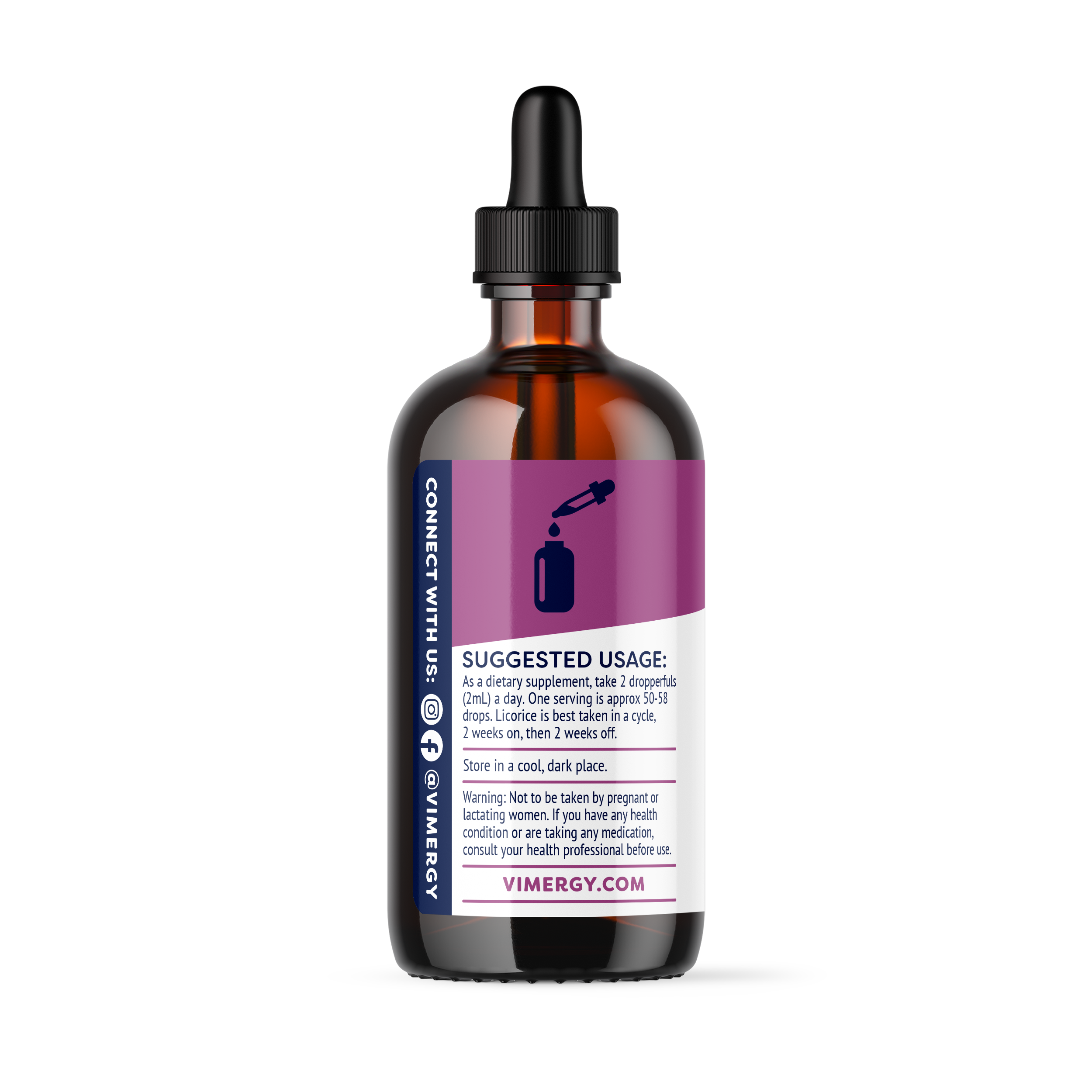 Produktfoto: Eine braune Glasflasche mit der Aufschrift “Licorice Dietary Supplement“ steht neben einer Pipette mit brauner Flüssigkeit. Das Etikett zeigt “USDA Organic“ und “Vimergy“.