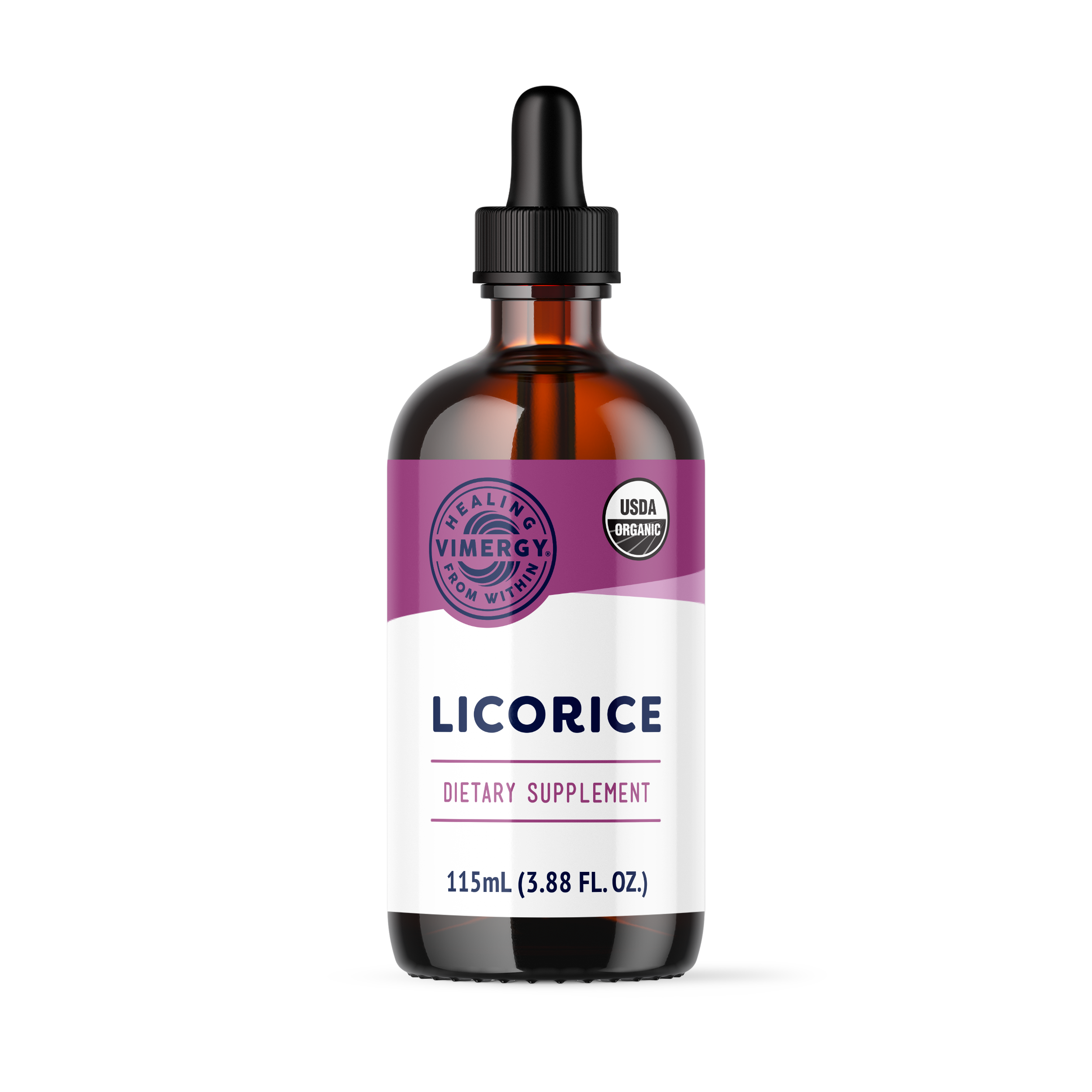 Produktfoto: Eine braune Glasflasche mit der Aufschrift “Licorice Dietary Supplement“ steht neben einer Pipette mit brauner Flüssigkeit. Das Etikett zeigt “USDA Organic“ und “Vimergy“.
