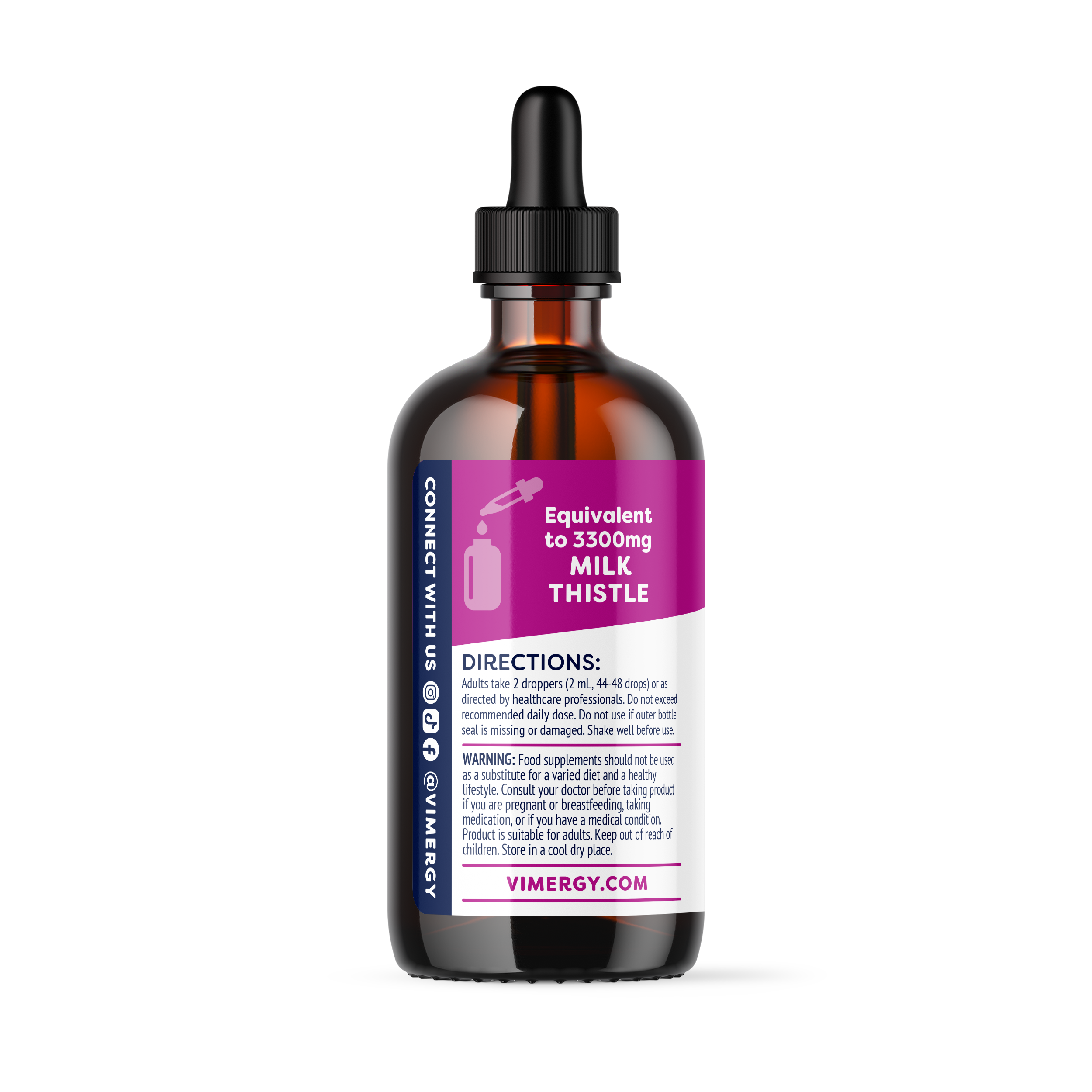 Produktfoto: Das Bild zeigt ein braunes Glasfläschchen mit der Aufschrift “Milk Thistle“ und einer Pipette. Das Etikett ist in Weiß und Pink gehalten. Das Produkt ist ein Nahrungsergänzungsmittel von Vimergy mit 115 ml Inhalt. Auf dem Etikett sind auch USDA Organic-Logos zu sehen.