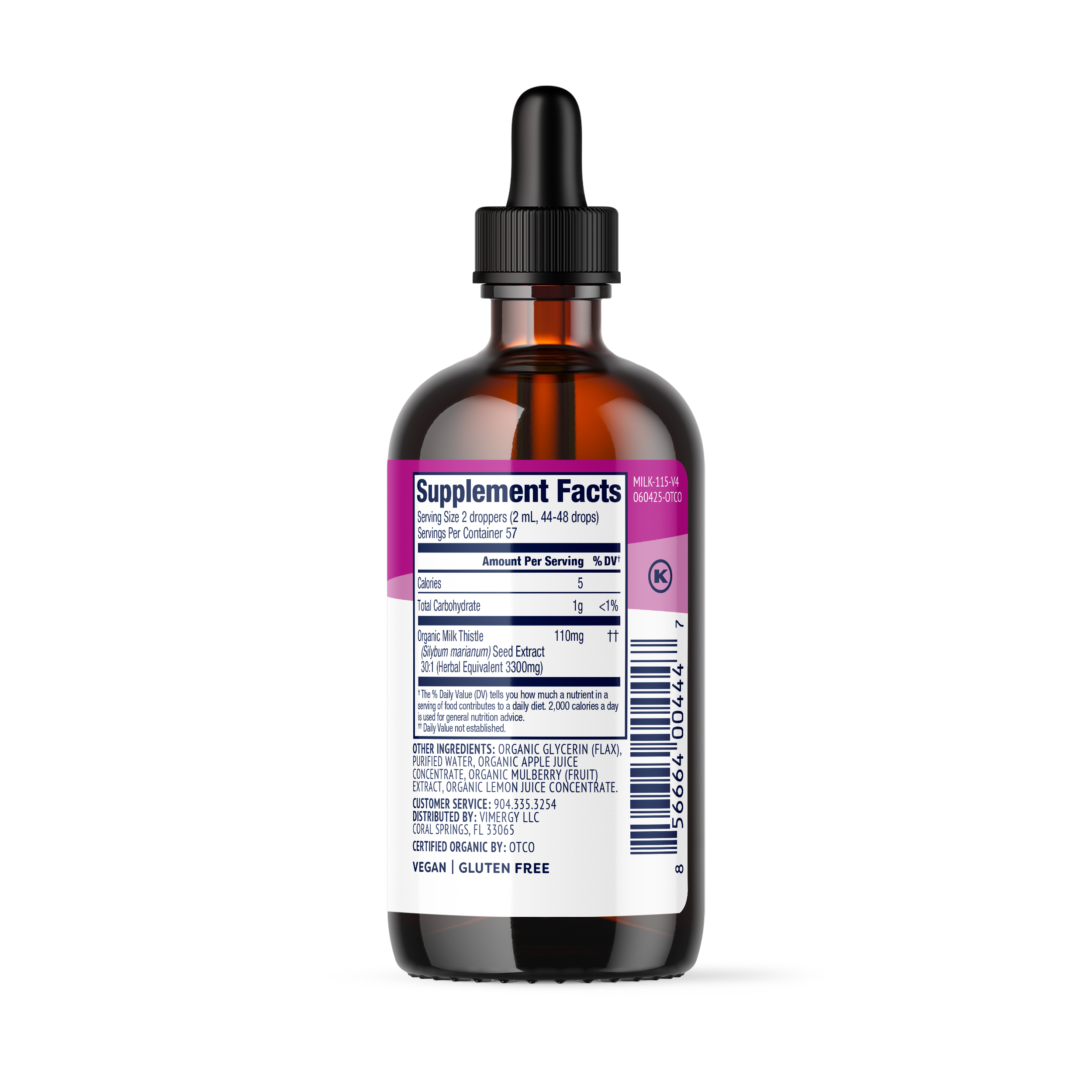 Produktfoto: Das Bild zeigt ein braunes Glasfläschchen mit der Aufschrift “Milk Thistle“ und einer Pipette. Das Etikett ist in Weiß und Pink gehalten. Das Produkt ist ein Nahrungsergänzungsmittel von Vimergy mit 115 ml Inhalt. Auf dem Etikett sind auch USDA Organic-Logos zu sehen.
