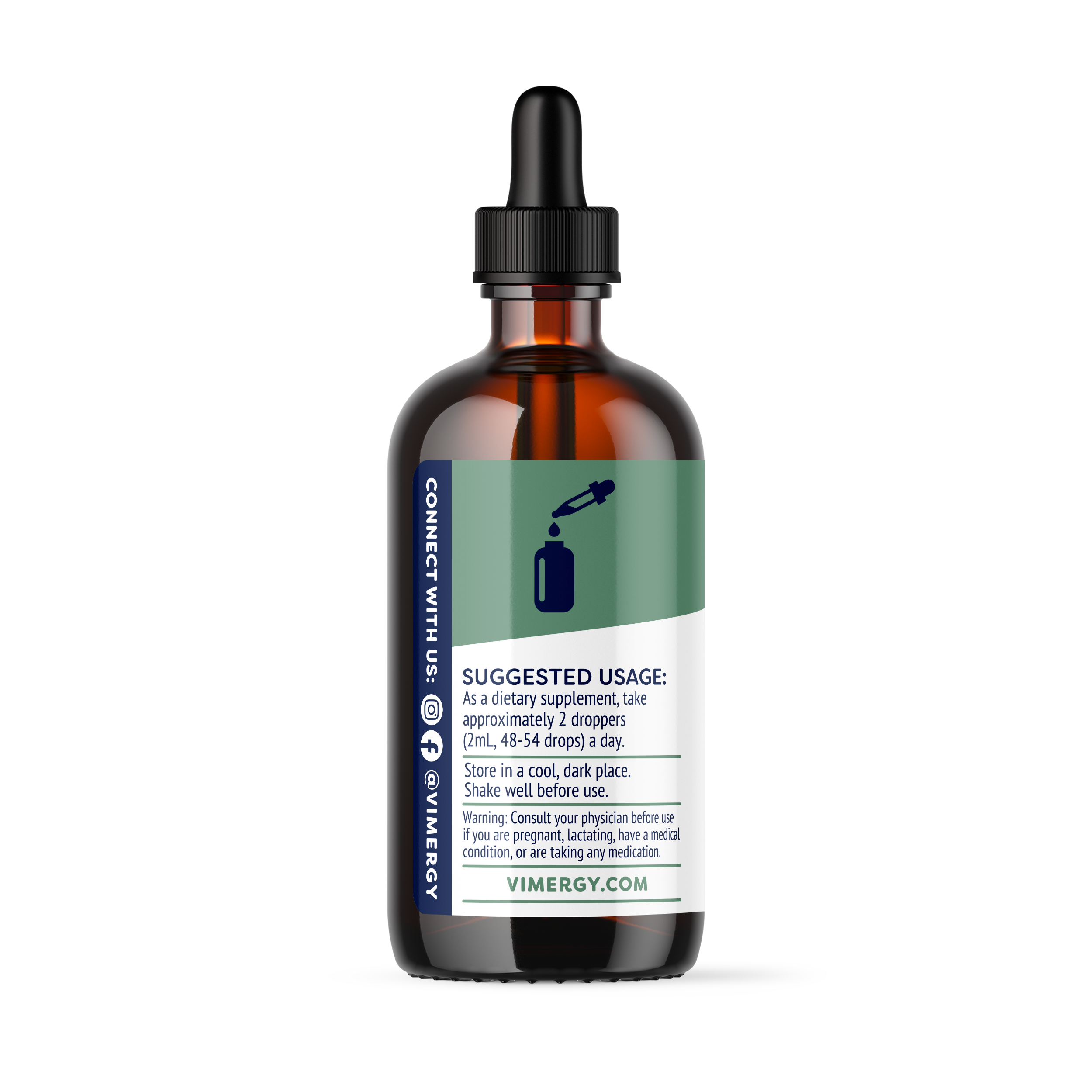 Produktfoto: Ein Glasfläschchen mit brauner Flüssigkeit und Pipette. Das Etikett trägt die Aufschrift „Vimergy Nettle Dietary Supplement“. Die Flasche ist 115ml groß und als USDA Organic zertifiziert.
