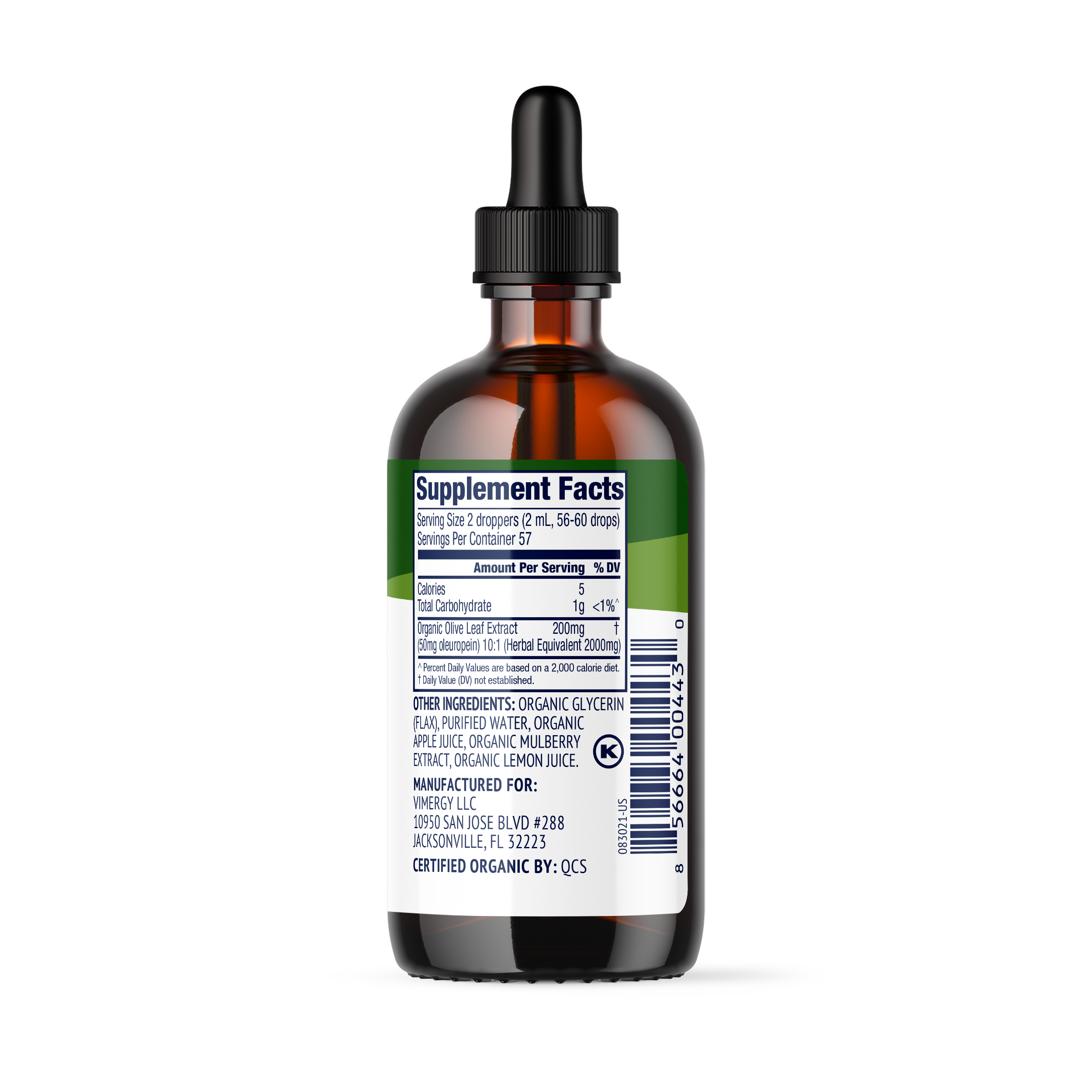 Produktfoto: Eine braune Glasflasche mit der Aufschrift “Olive Leaf“ und einem Pipettenverschluss steht aufrecht. Daneben liegt eine Pipette mit einer braunen Flüssigkeit.