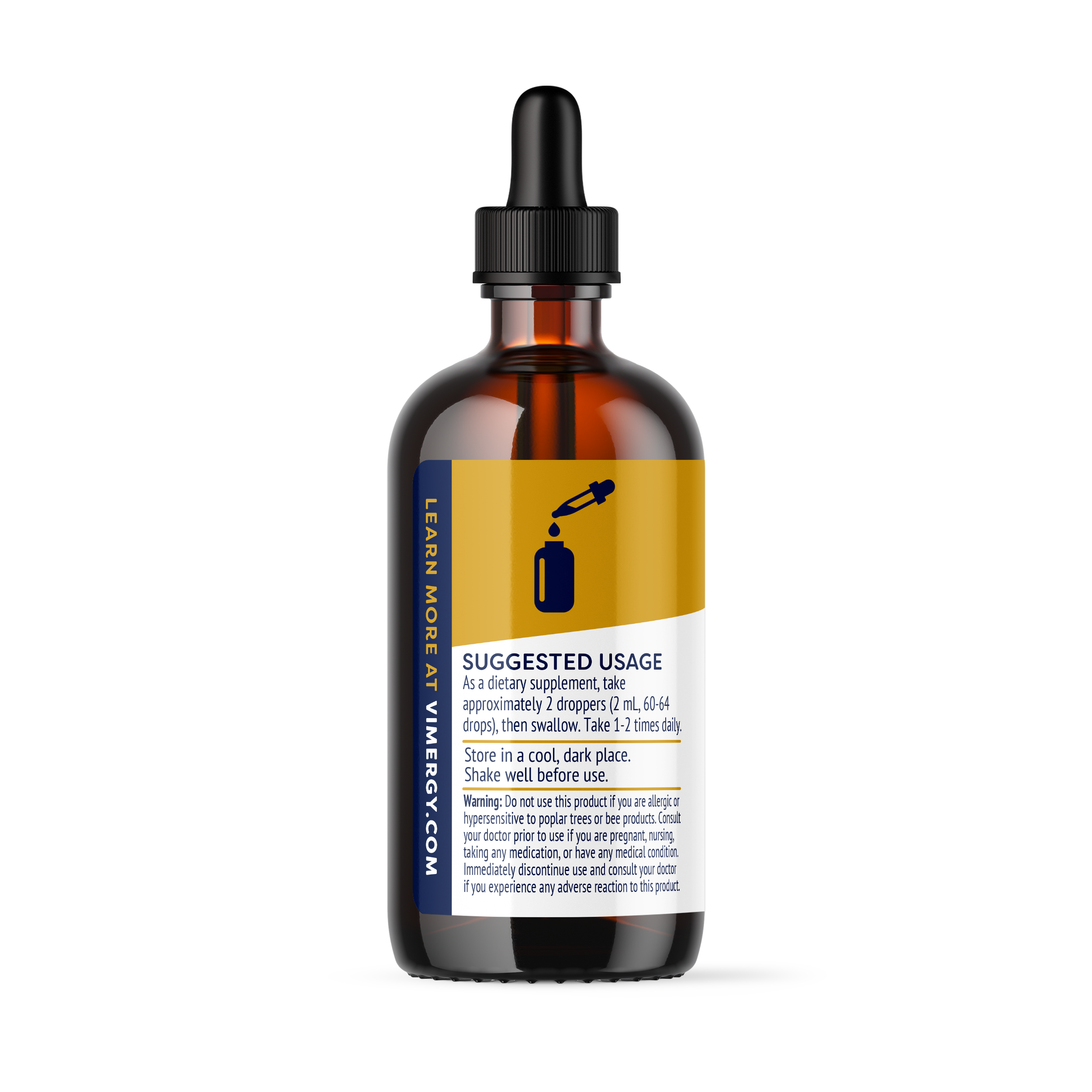 Produktfoto: Das Bild zeigt eine braune Glasflasche mit der Aufschrift 'PropolisPure Dietary Supplement' und einem Tropfer. Die Flasche steht aufrecht, der Tropfer liegt daneben.