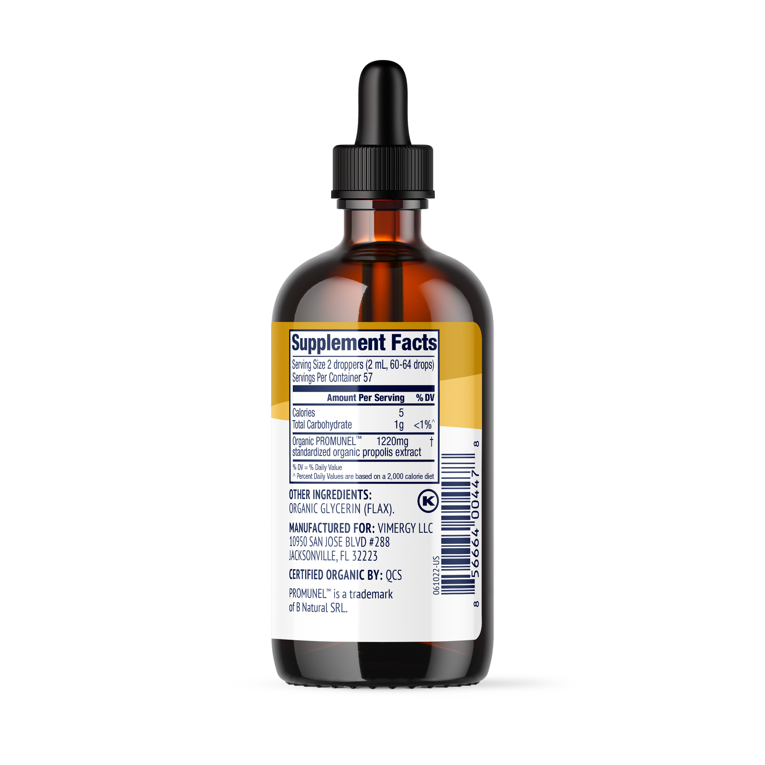 Produktfoto: Das Bild zeigt eine braune Glasflasche mit der Aufschrift 'PropolisPure Dietary Supplement' und einem Tropfer. Die Flasche steht aufrecht, der Tropfer liegt daneben.