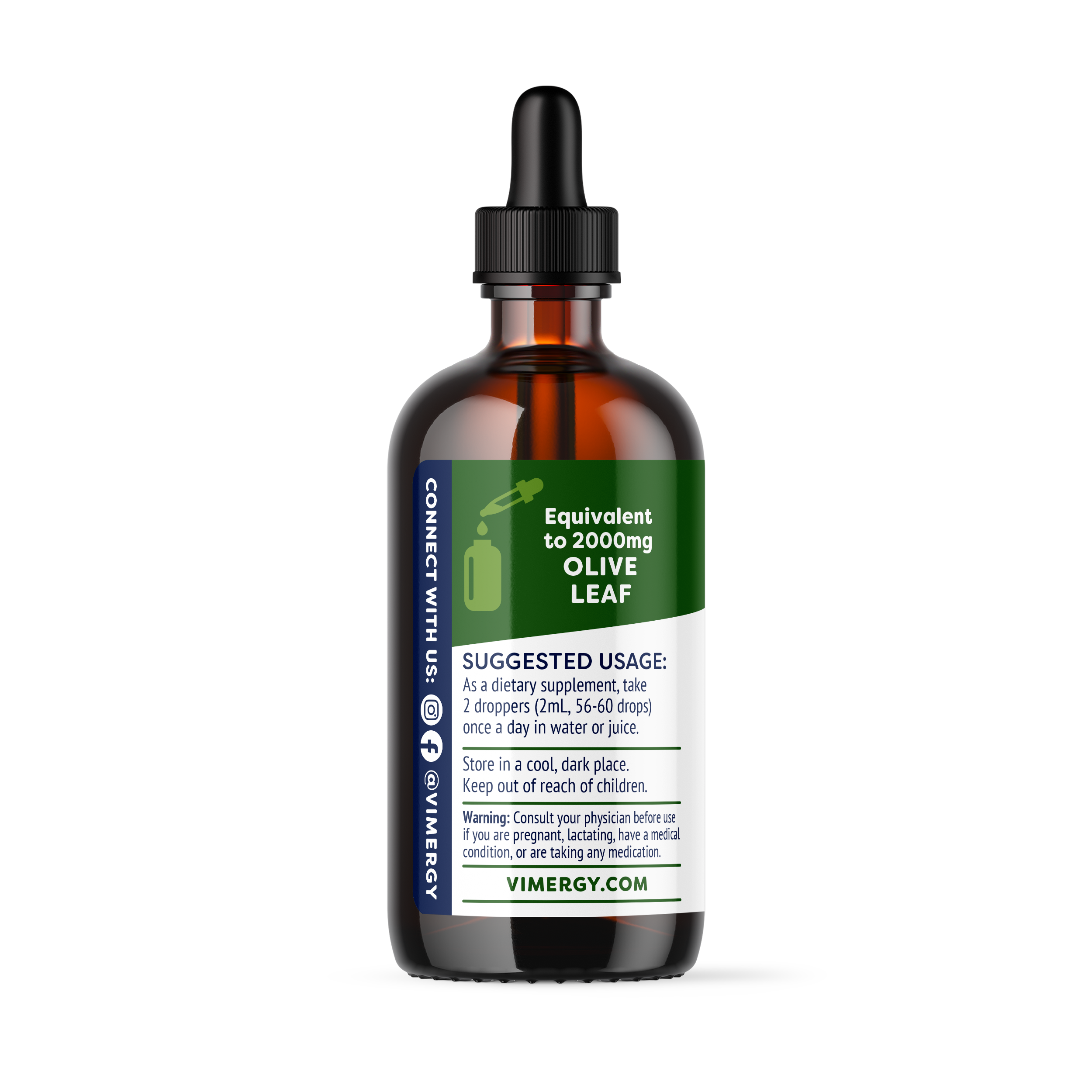 Produktfoto: Eine braune Glasflasche mit der Aufschrift “Olive Leaf“ und einem Pipettenverschluss steht aufrecht. Daneben liegt eine Pipette mit einer braunen Flüssigkeit.