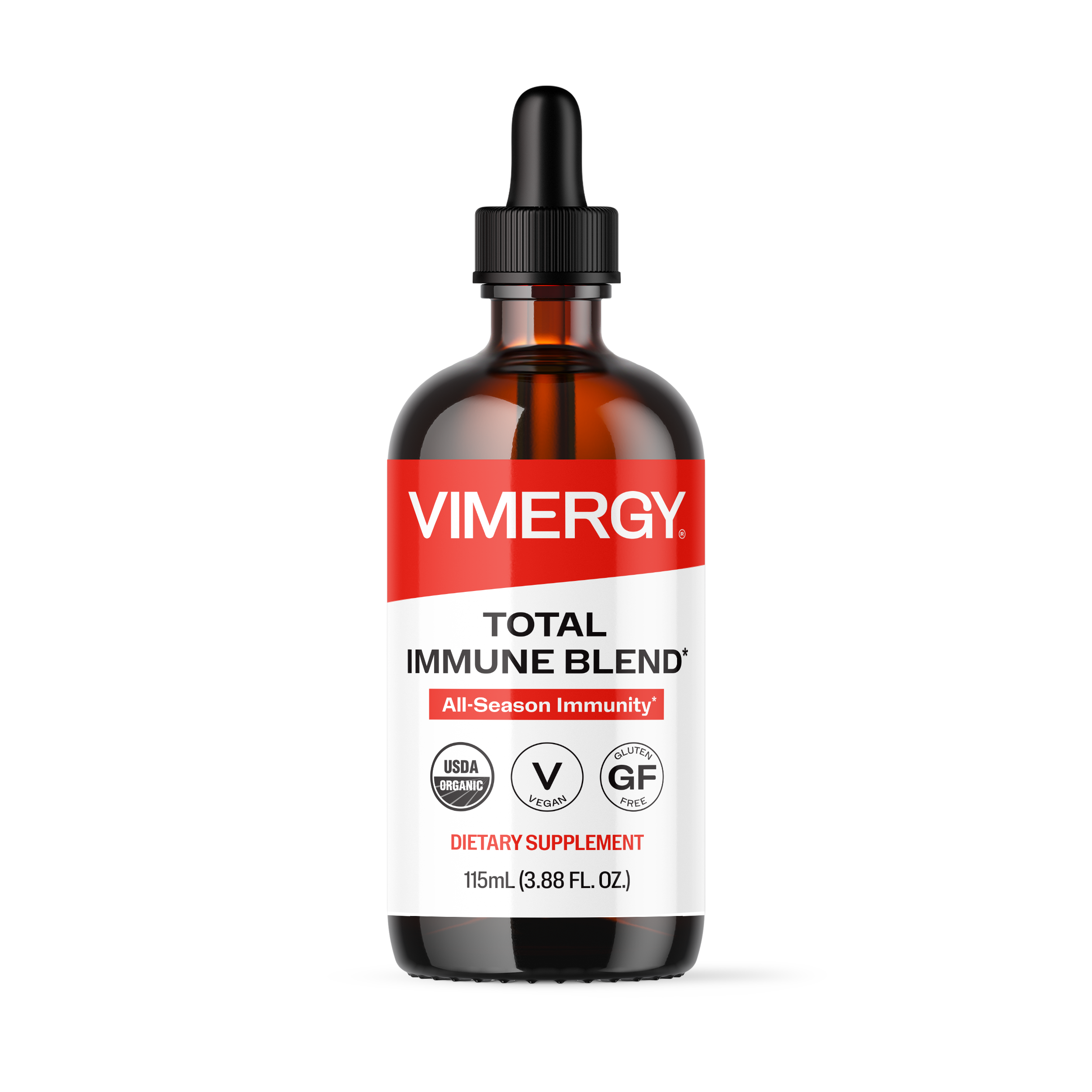 Produktfoto: Das Bild zeigt eine braune Glasflasche mit einem weißen Etikett, auf dem “TOTAL IMMUNE BLEND“ steht. Daneben liegt eine Pipette mit einer Skala. Die Flasche enthält 115 mL einer Flüssigkeit, die als Nahrungsergänzungsmittel gekennzeichnet ist.