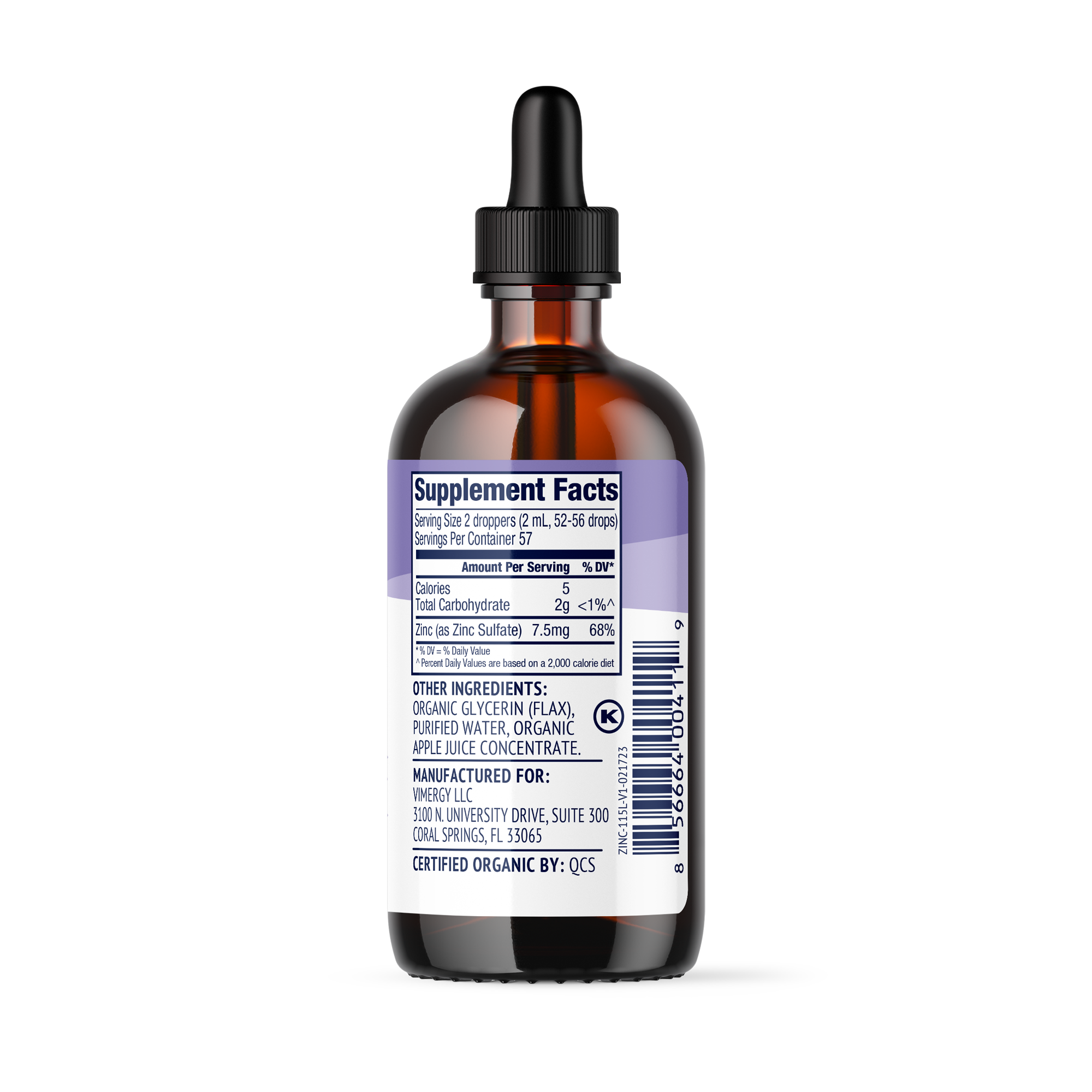 Produktfoto: Braune Flasche mit Pipette, Etikett: “Zinc Dietary Supplement“, 115 ml, USDA Organic.