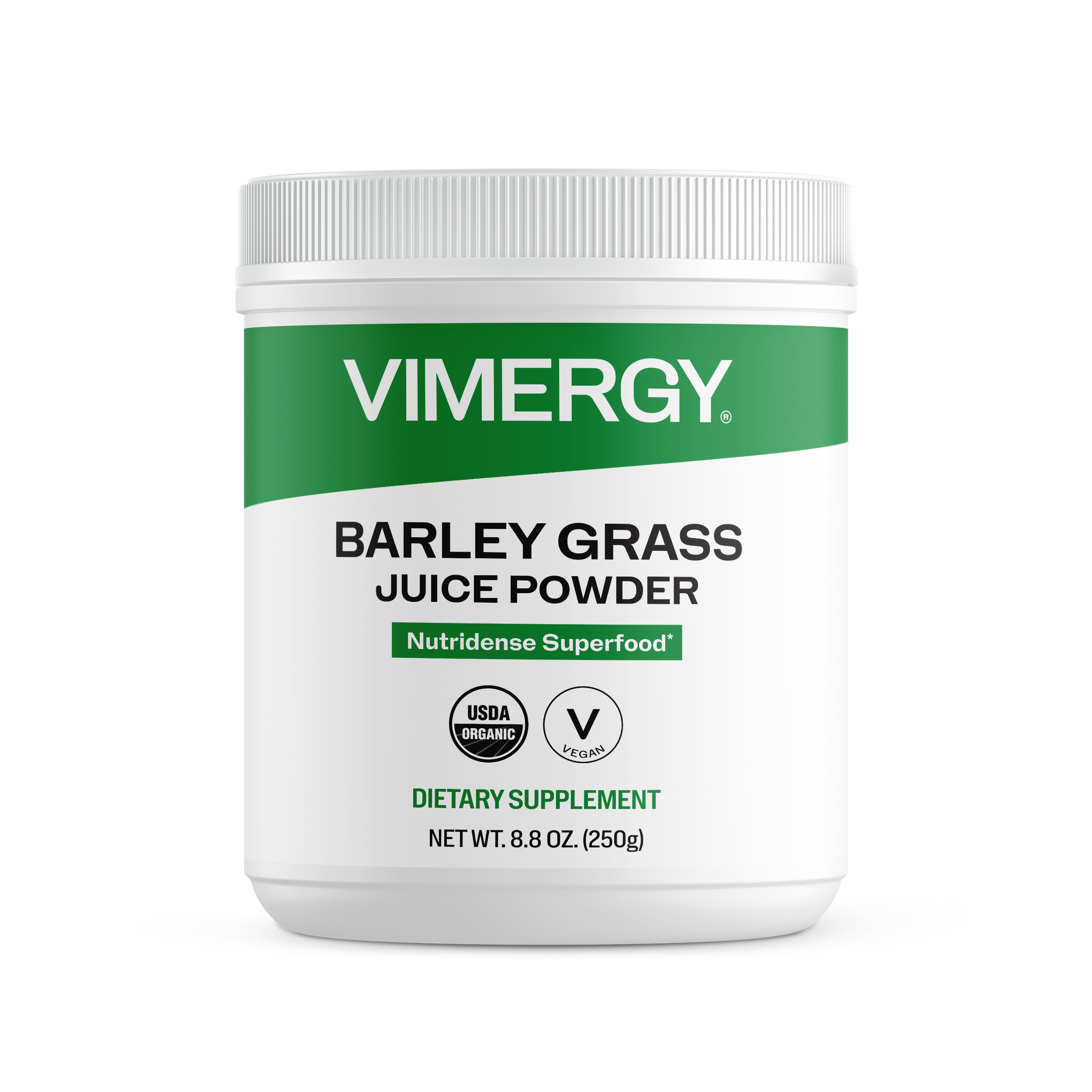 Produktfoto: Grünes Etikett auf Dose mit “Barley Grass Juice Powder“. Vegan, USDA Organic, glutenfrei. Nettogewicht 250g. Grünes Pulver daneben.