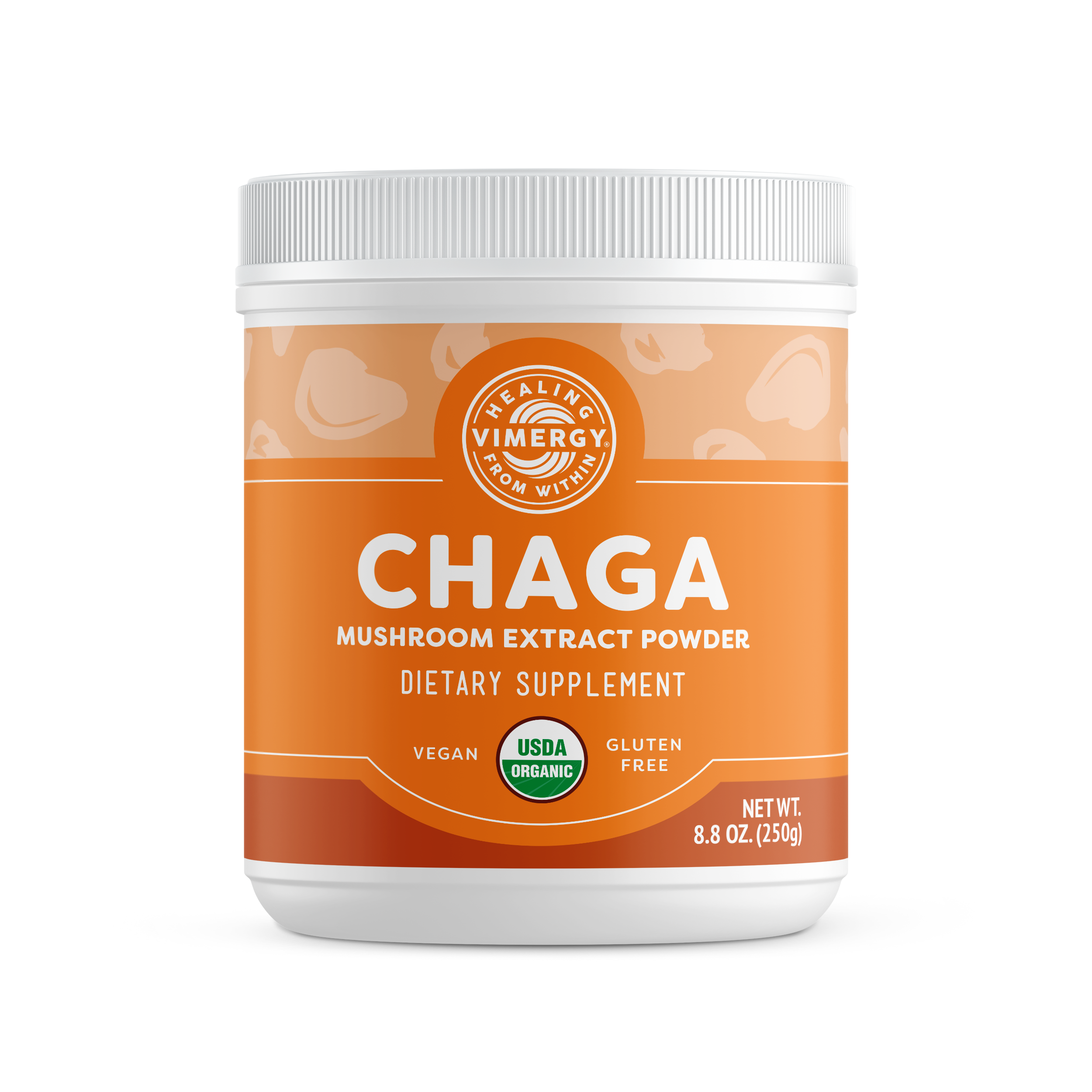 Produktfoto: Eine Dose mit Chaga-Pilzextraktpulver von Vimergy, ein Nahrungsergänzungsmittel. Es ist vegan, glutenfrei und USDA-zertifiziert biologisch.