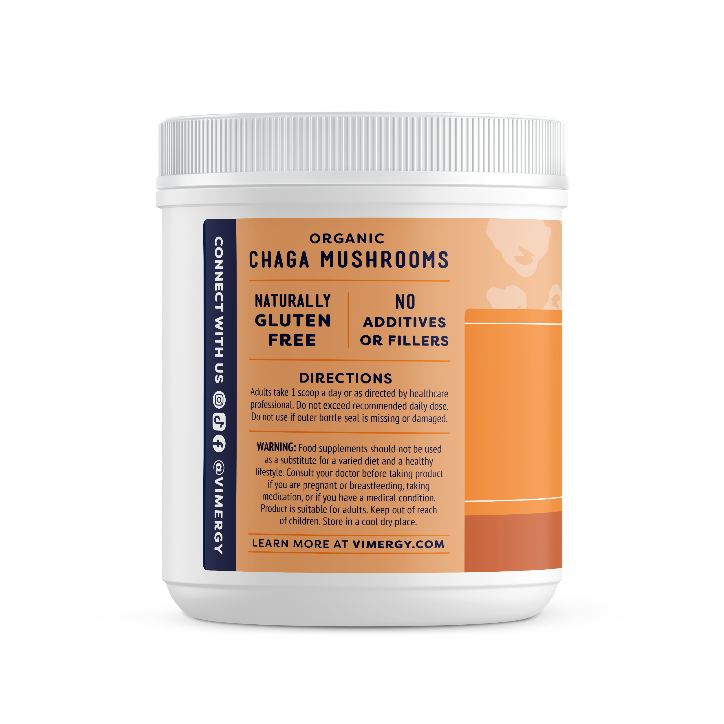 Produktfoto: Eine Dose mit Chaga-Pilzextraktpulver von Vimergy, ein Nahrungsergänzungsmittel. Es ist vegan, glutenfrei und USDA-zertifiziert biologisch.