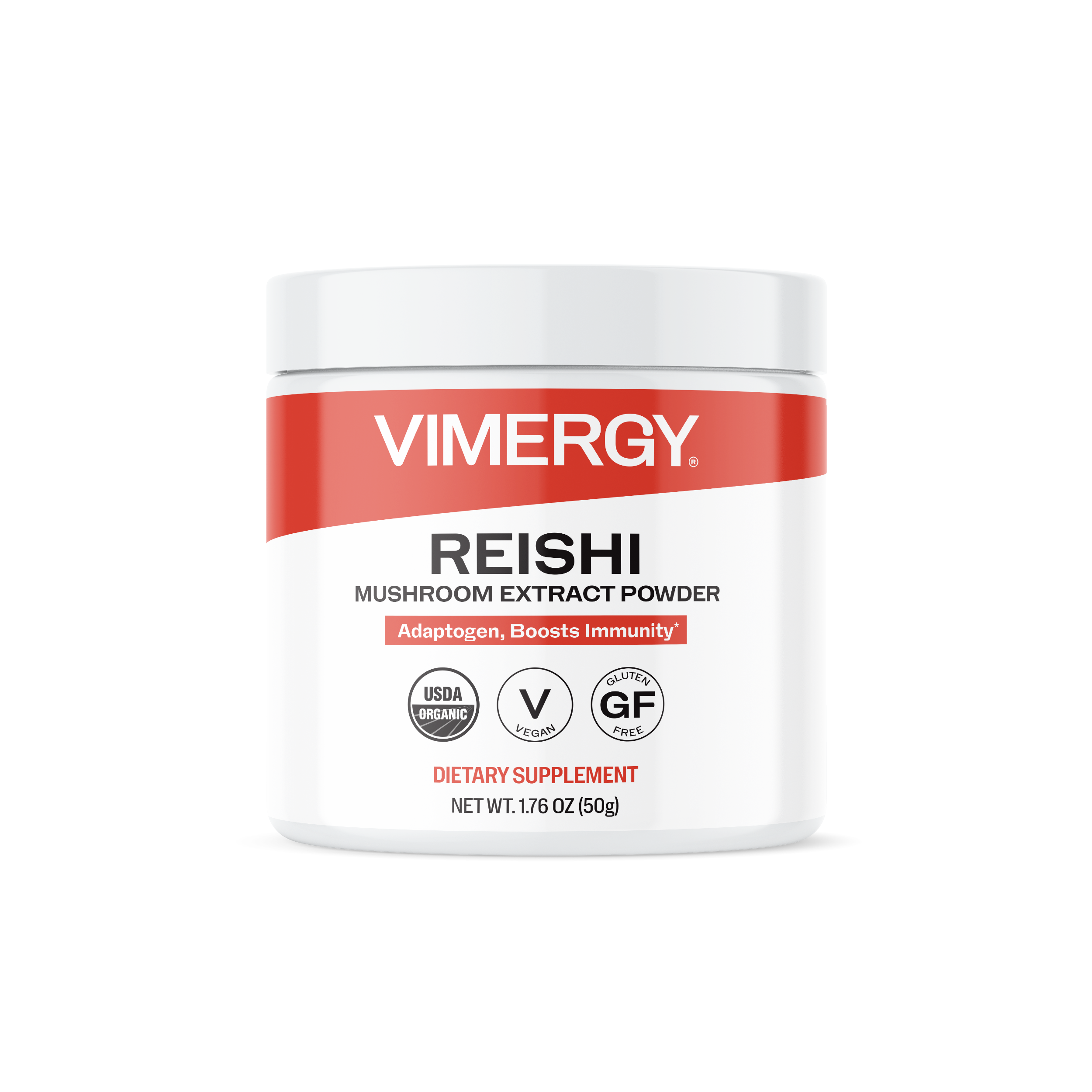 Produktfoto: Rotes Etikett auf einer Dose Reishi-Pilzextraktpulver, vegan, glutenfrei, USDA Bio, 50g. Neben der Dose liegt etwas Pulver.