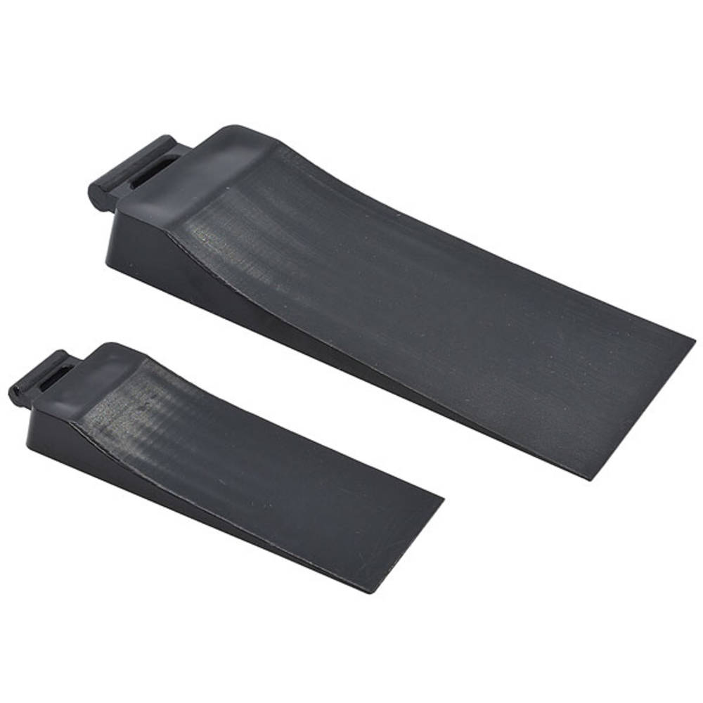 The image shows two black plastic wedges of different sizes on a white background. They are rectangular with a sloped design.