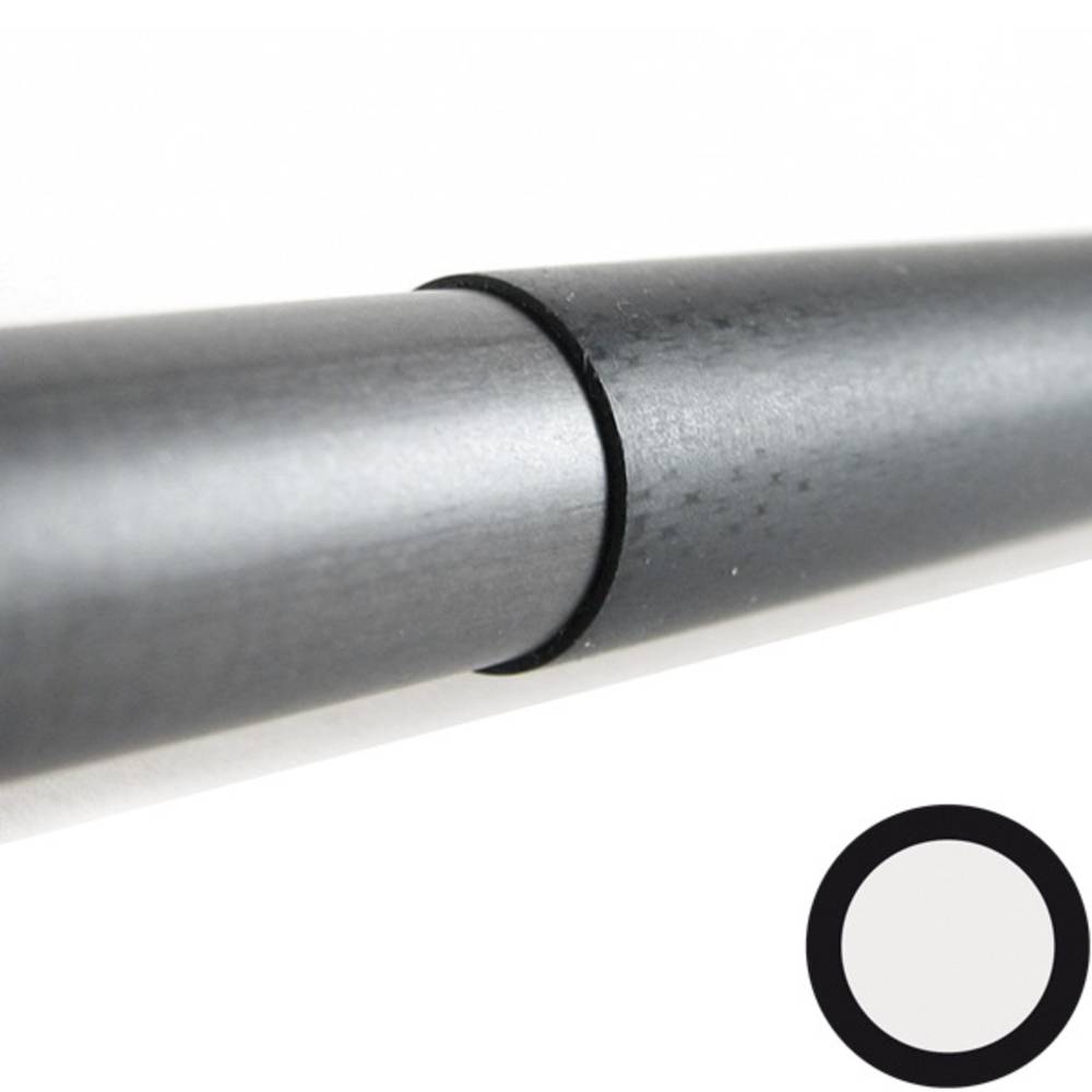 A close-up image of a black cylindrical object with a seam, possibly a pipe or rod, on a white background. A small black and white circle is at the bottom right corner.