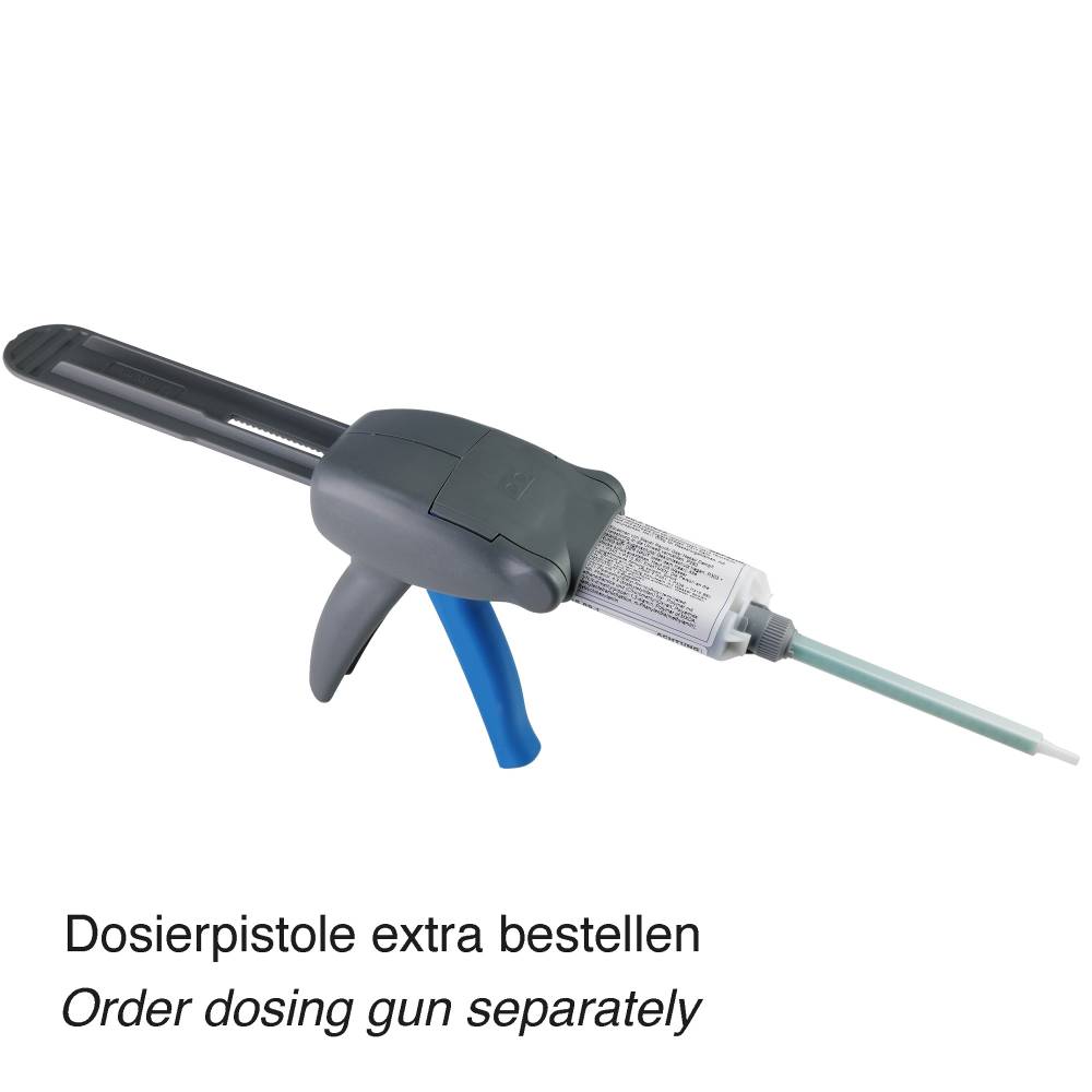 Eine graue Dosierpistole mit blauem Griff und angefügter Kartusche. Text: 