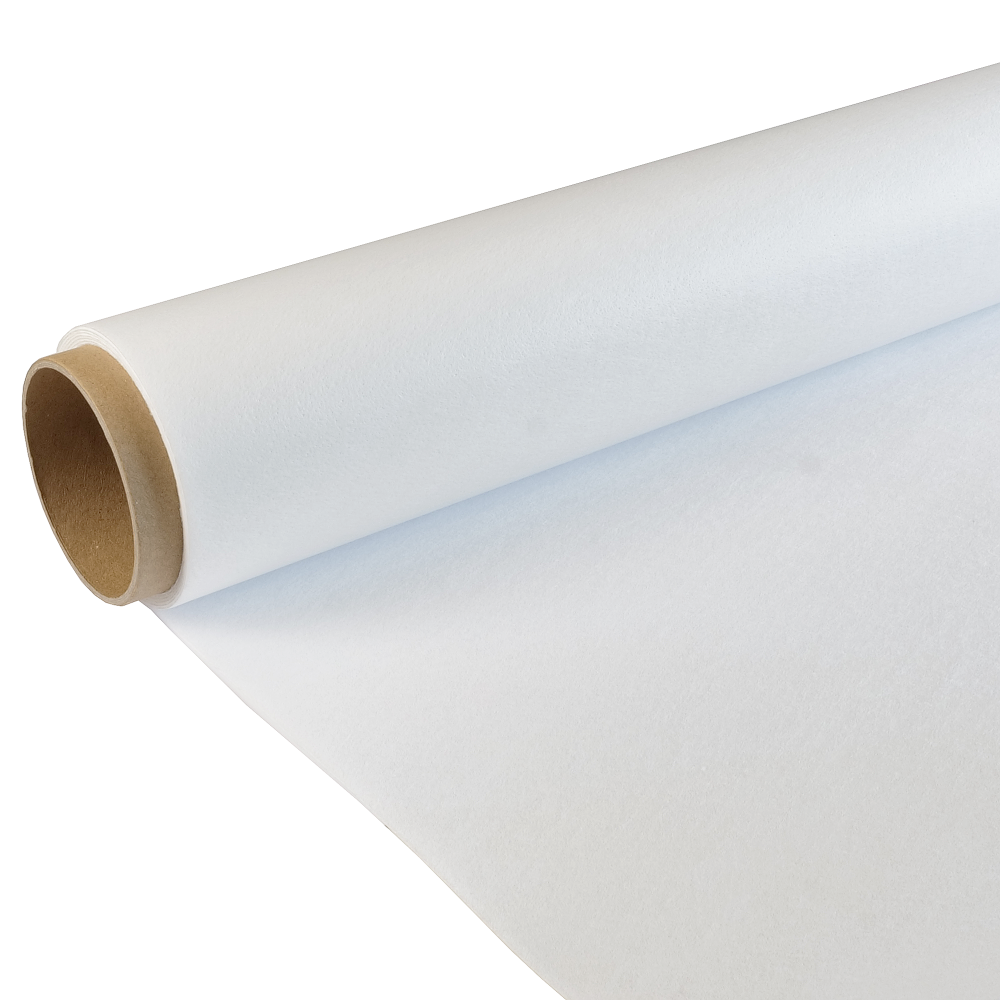 A roll of white Fleece with a cardboard core, partially unrolled, against a plain white background.