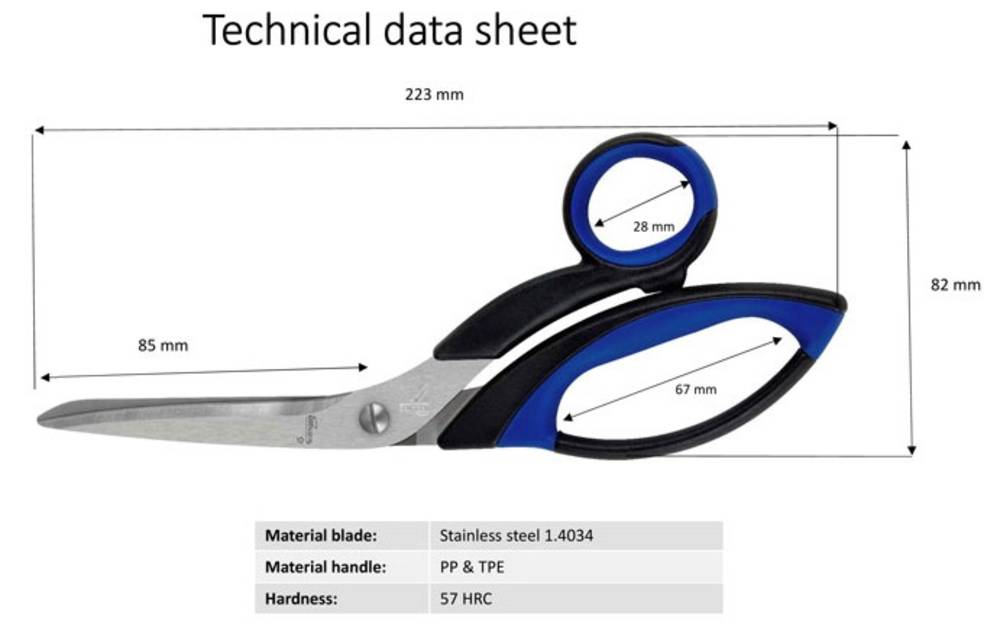 Technisches Datenblatt einer Schere mit Abmessungen und Materialien. Länge: 223 mm, Klinge: Edelstahl 1.4034, Griff: PP & TPE, Härte: 57 HRC.